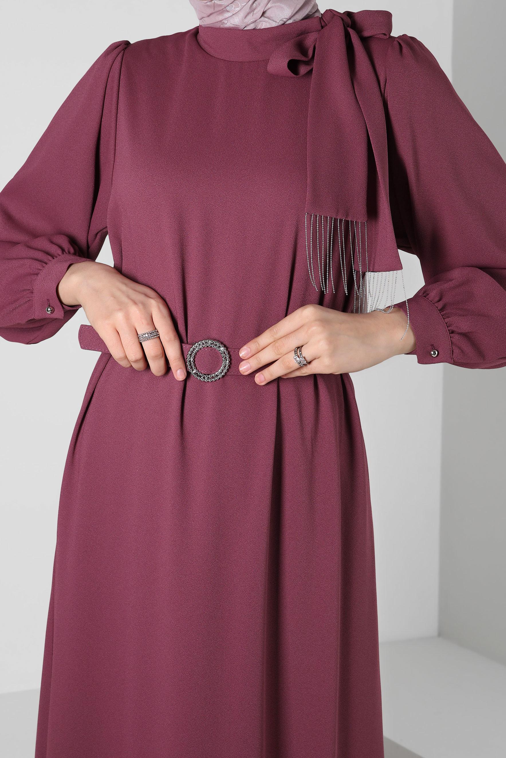 Tesettür giyim PEMBE KEMERLİ KREP ELBİSE 44167