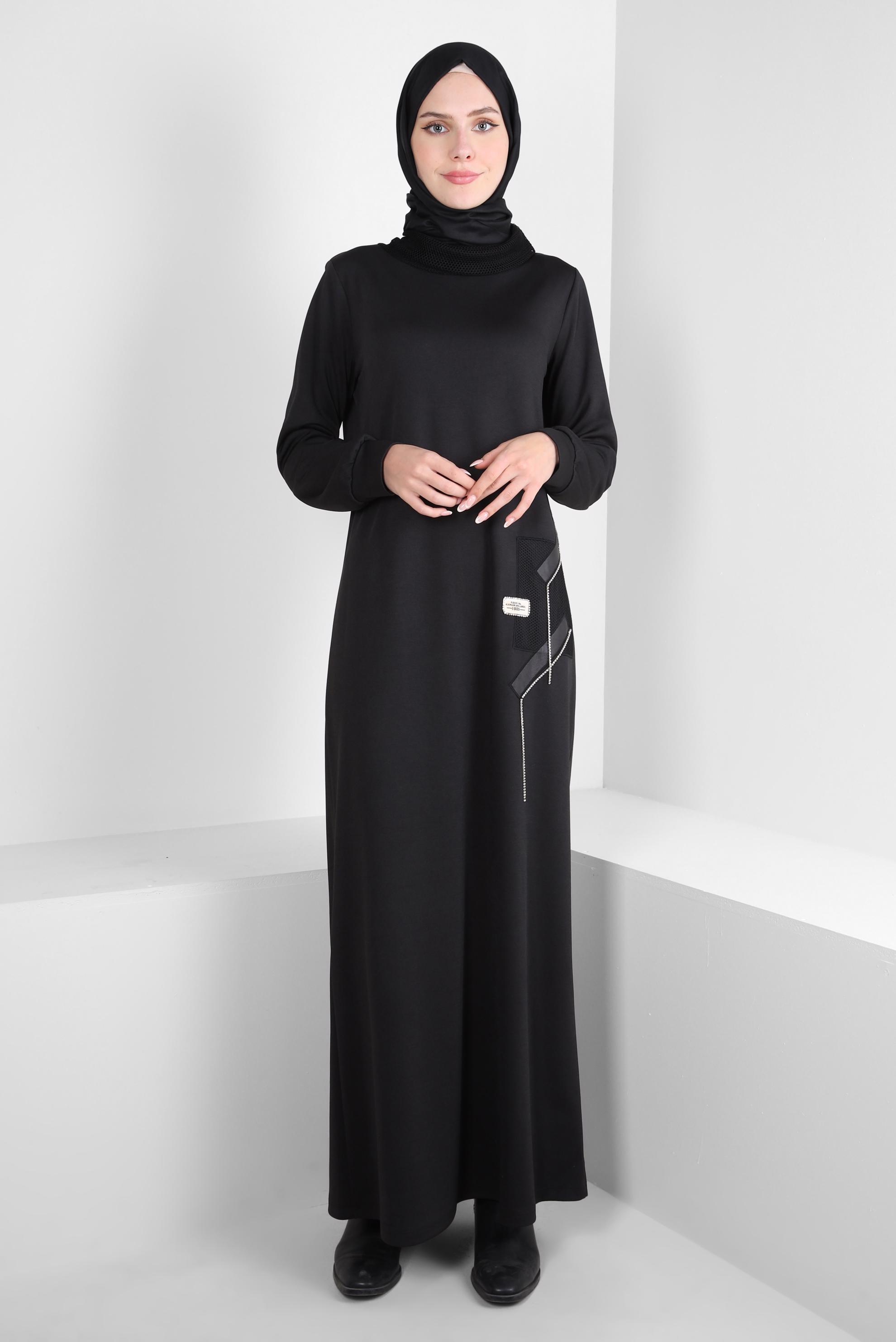 Tesettür giyim SİYAH FİLE DETAYLI ELBİSE 44168