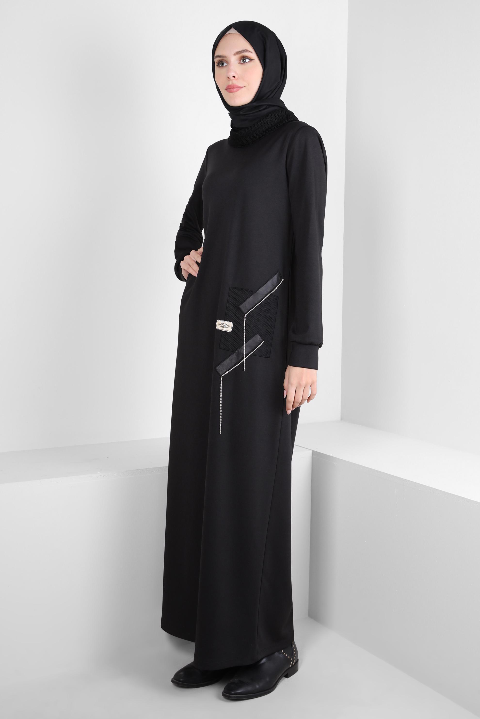 Tesettür giyim SİYAH FİLE DETAYLI ELBİSE 44168