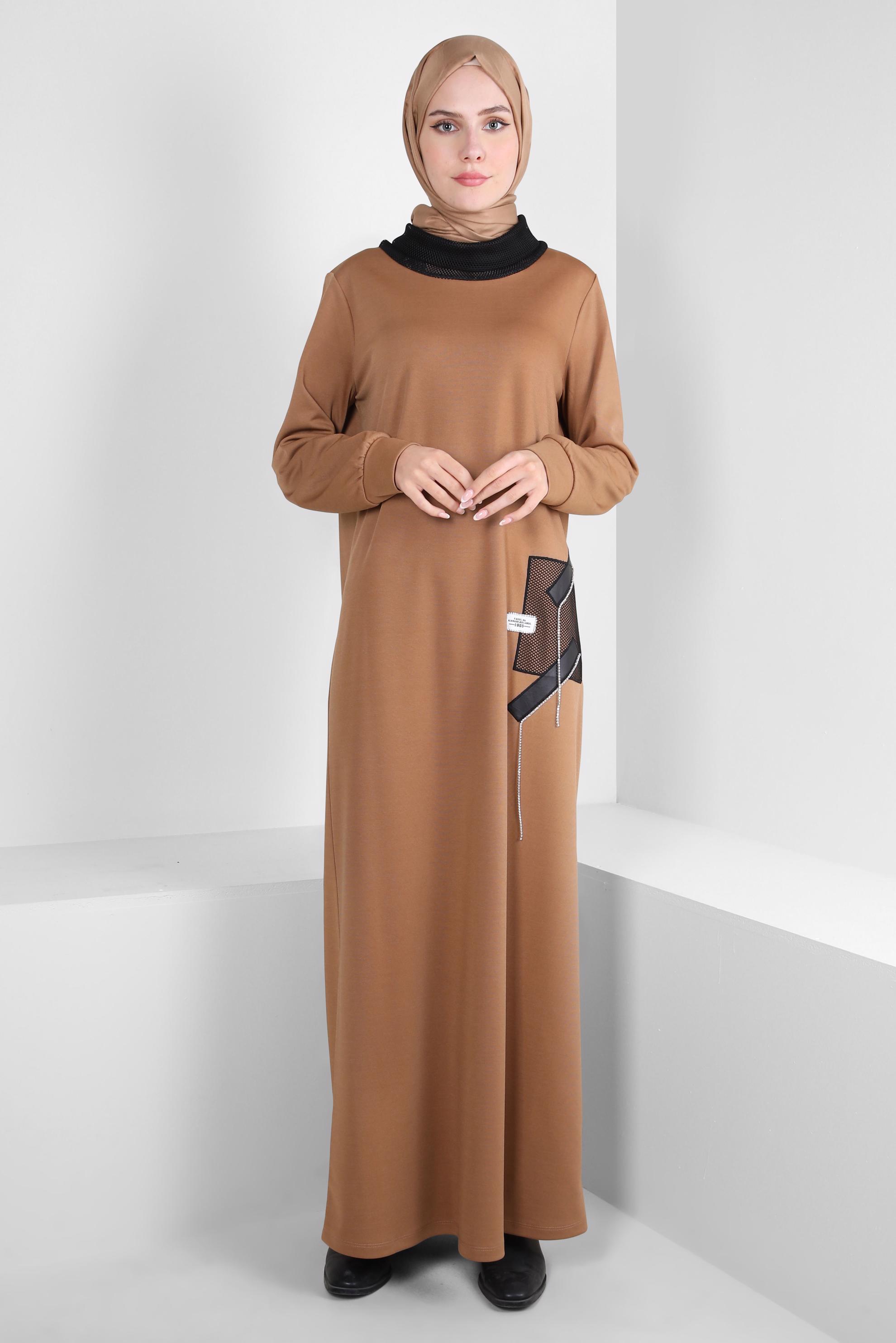 Tesettür giyim KAHVE FİLE DETAYLI ELBİSE 44168
