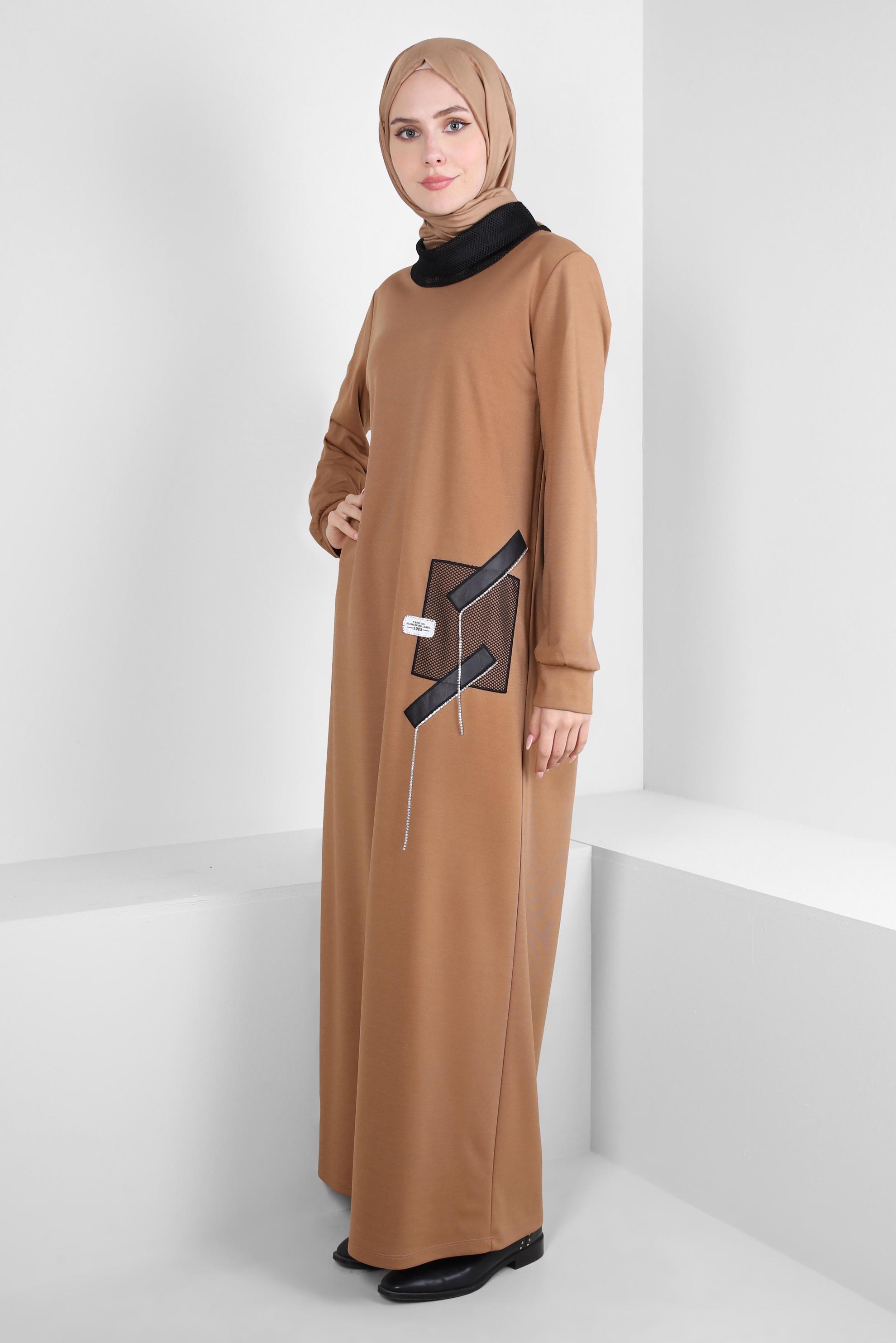 Tesettür giyim KAHVE FİLE DETAYLI ELBİSE 44168