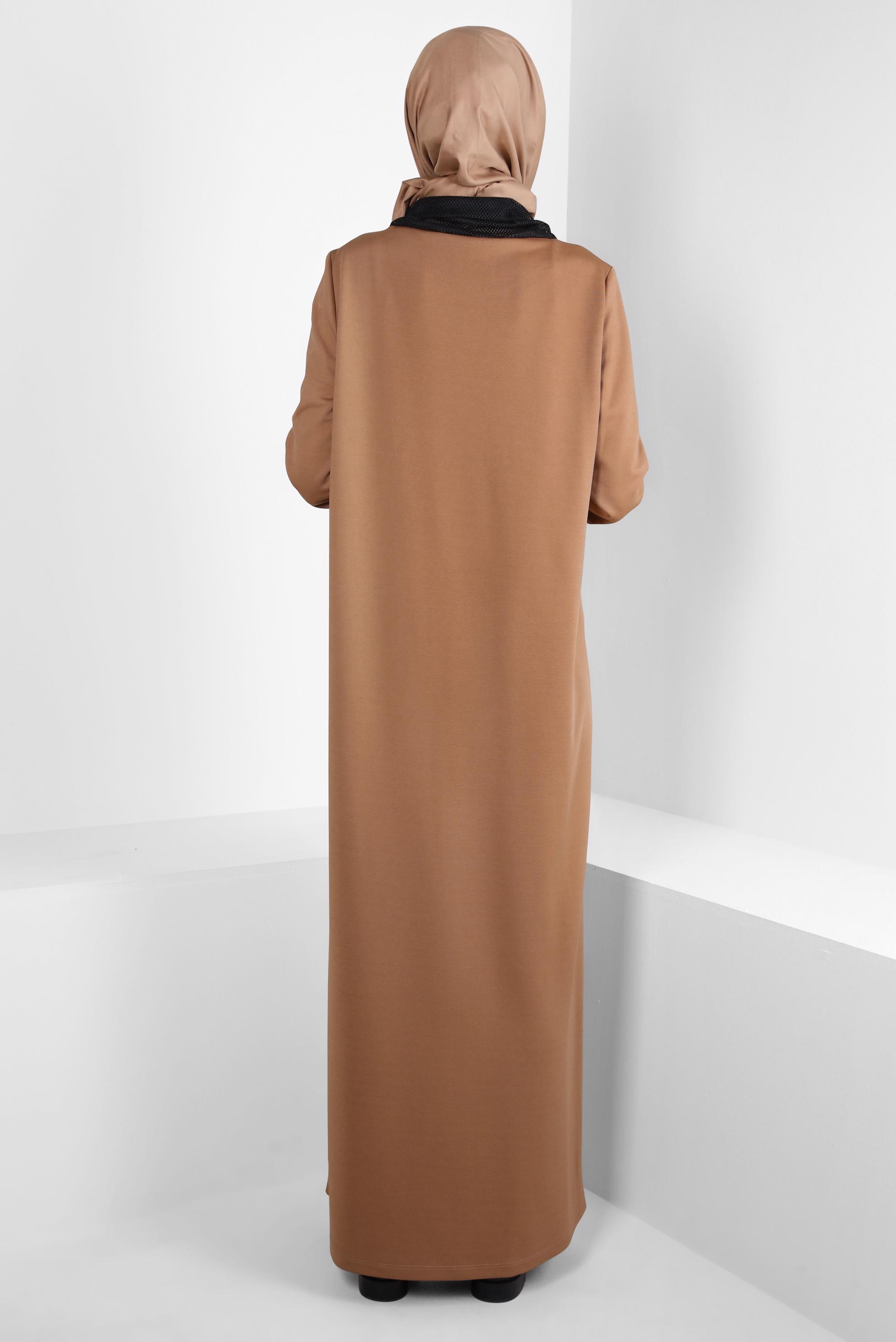 Tesettür giyim KAHVE FİLE DETAYLI ELBİSE 44168