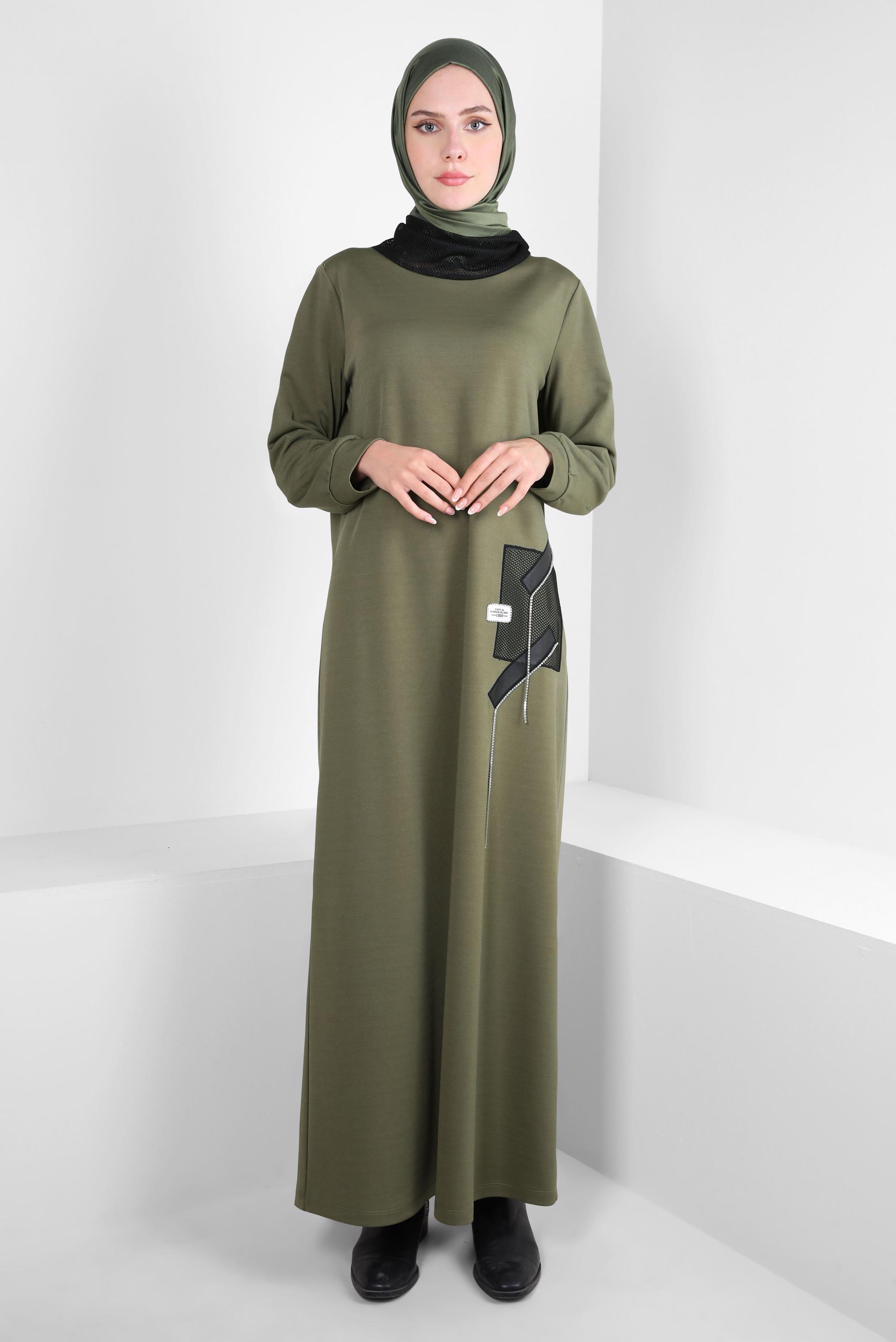 Tesettür giyim HAKİ FİLE DETAYLI ELBİSE 44168