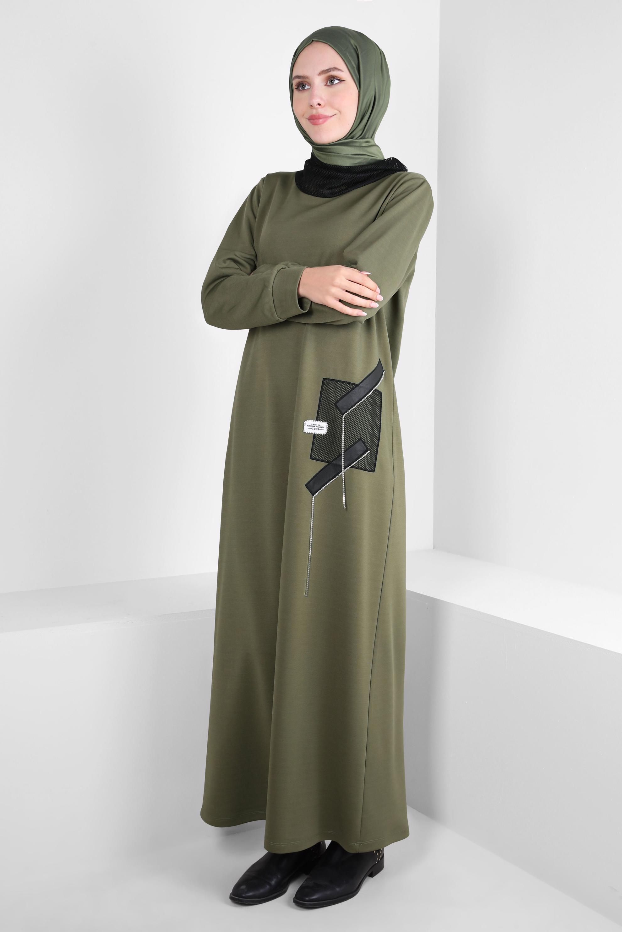 Tesettür giyim HAKİ FİLE DETAYLI ELBİSE 44168