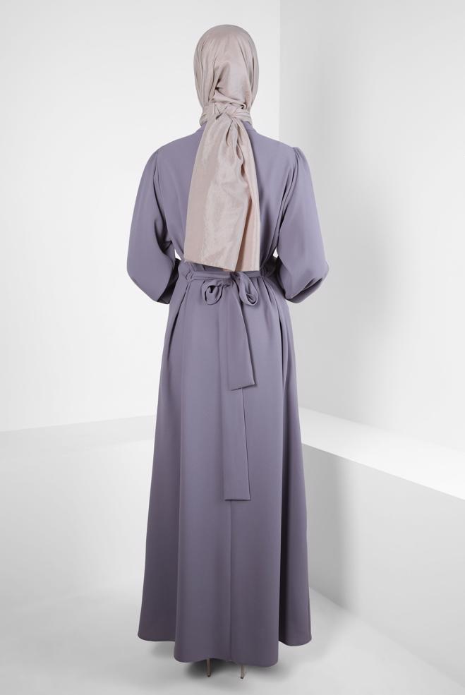 Tesettür giyim MOR ÇİÇEK DETAYLI KREP ELBİSE 44179 - ALVİNA