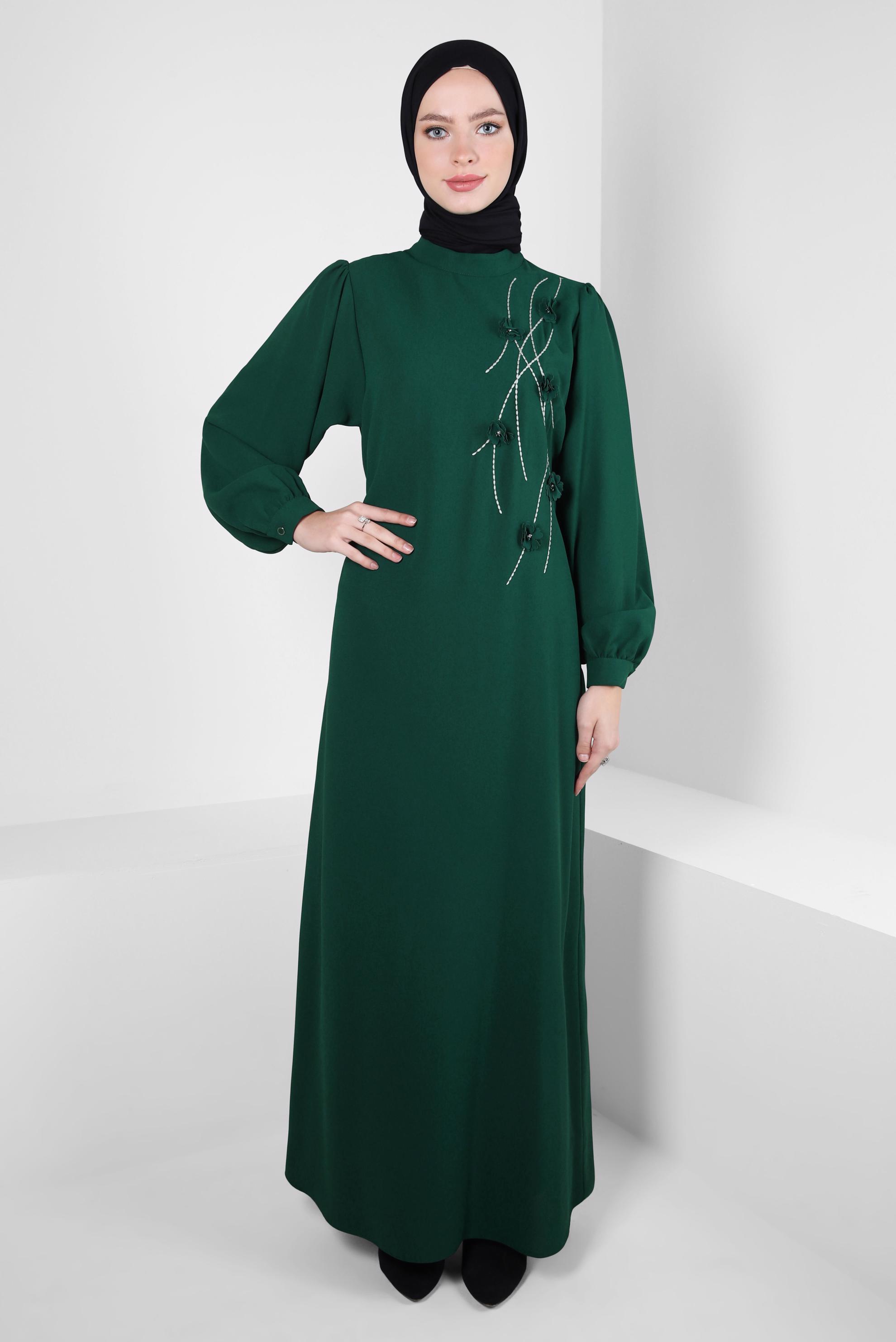 Hijab clothing GREEN FLOWER DETAIL DRESS 44179