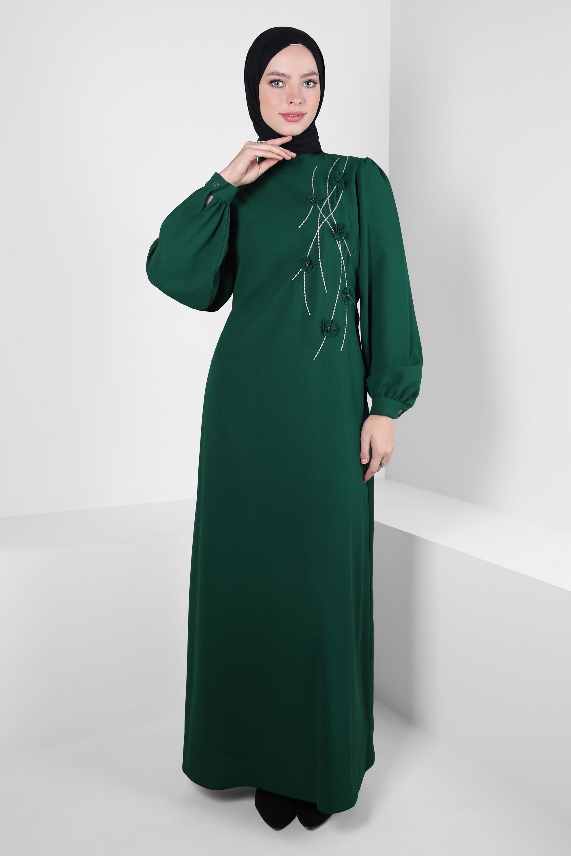 Hijab clothing GREEN FLOWER DETAIL DRESS 44179