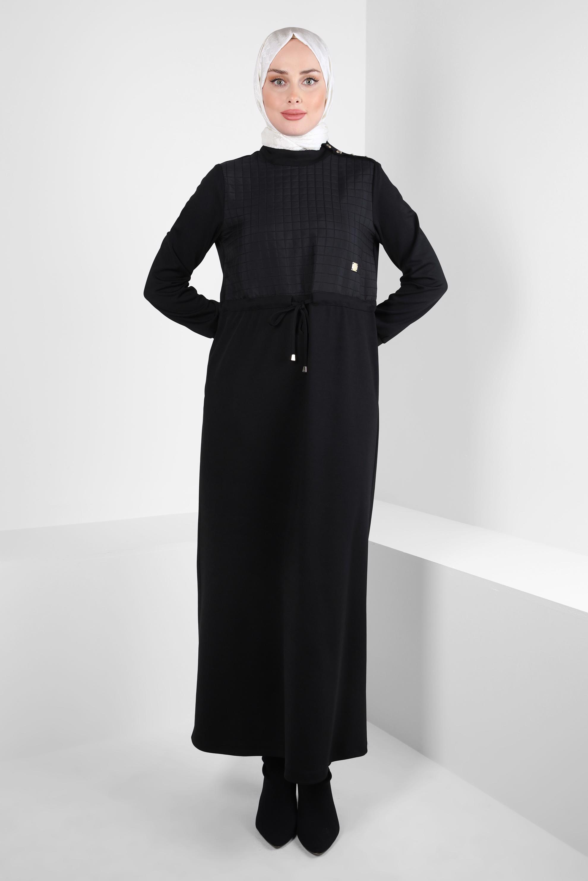 Tesettür giyim SİYAH BELİ BÜZGÜLÜ ELBİSE 44196