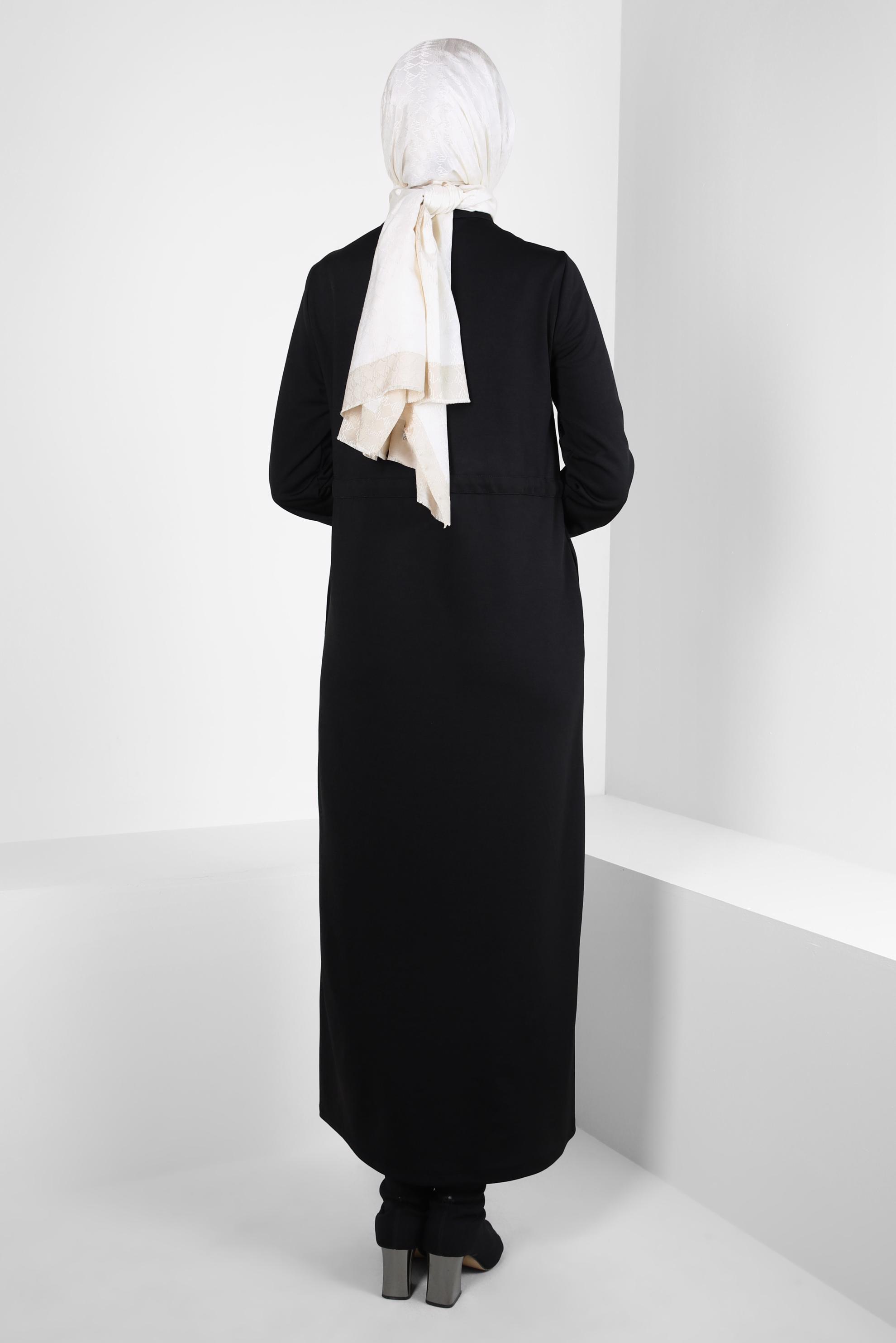 Tesettür giyim SİYAH BELİ BÜZGÜLÜ ELBİSE 44196