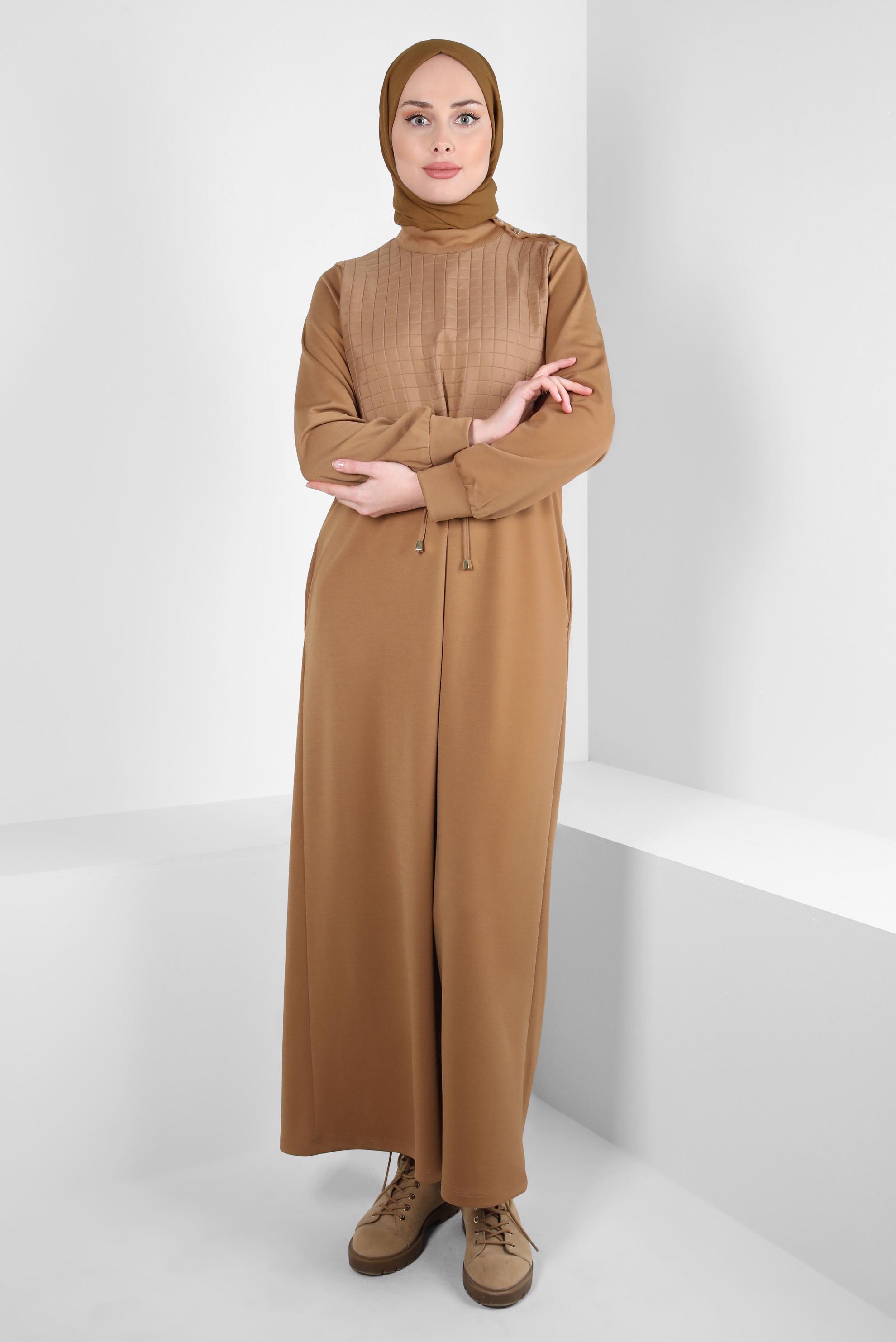 Tesettür giyim KAHVE BELİ BÜZGÜLÜ ELBİSE 44196