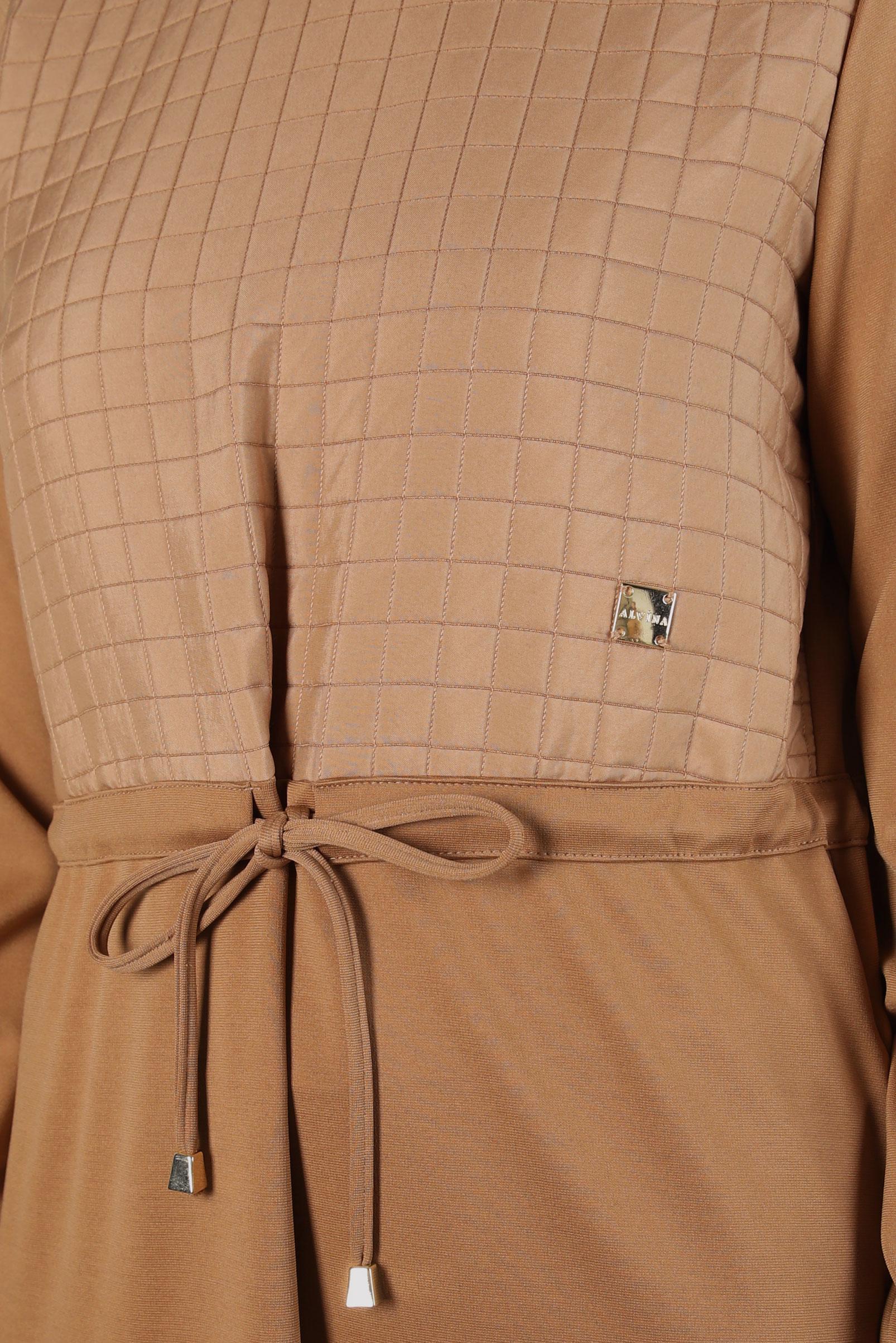 Tesettür giyim KAHVE BELİ BÜZGÜLÜ ELBİSE 44196