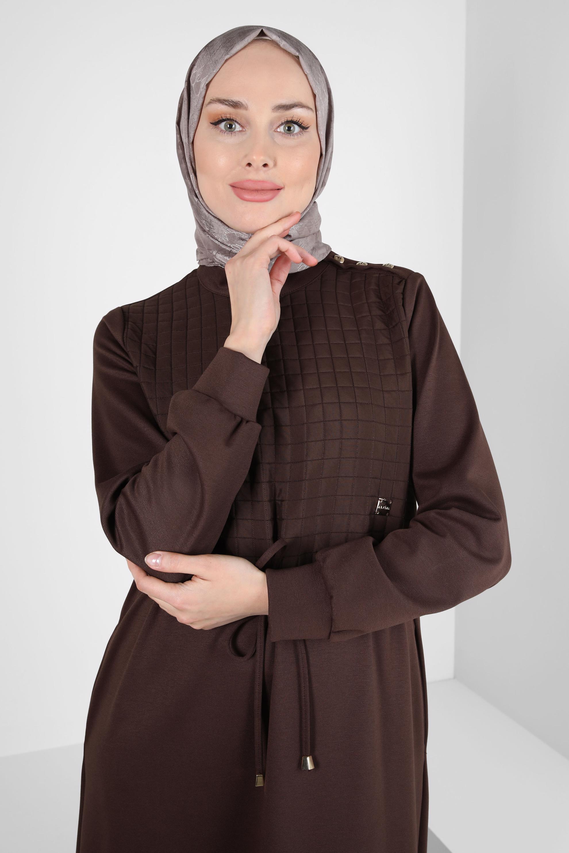 Tesettür giyim KAHVE BELİ BÜZGÜLÜ ELBİSE 44196