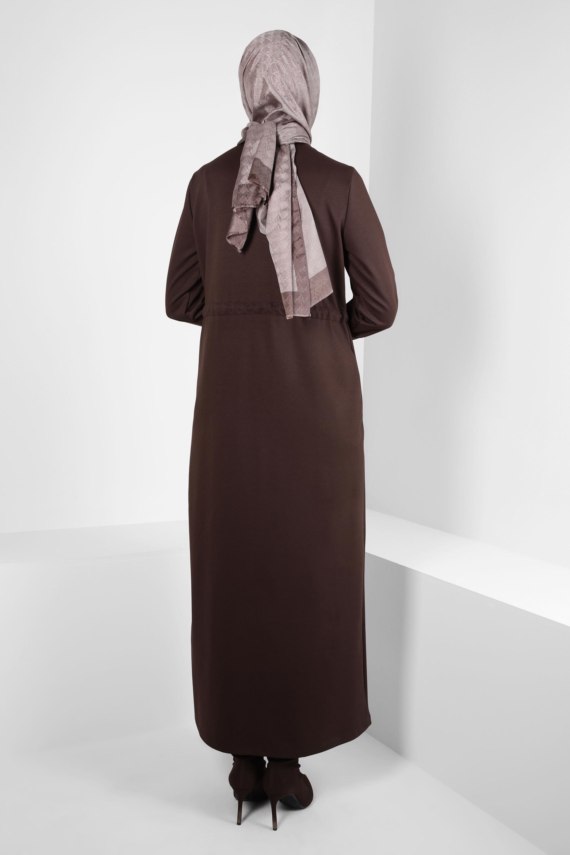 Tesettür giyim KAHVE BELİ BÜZGÜLÜ ELBİSE 44196