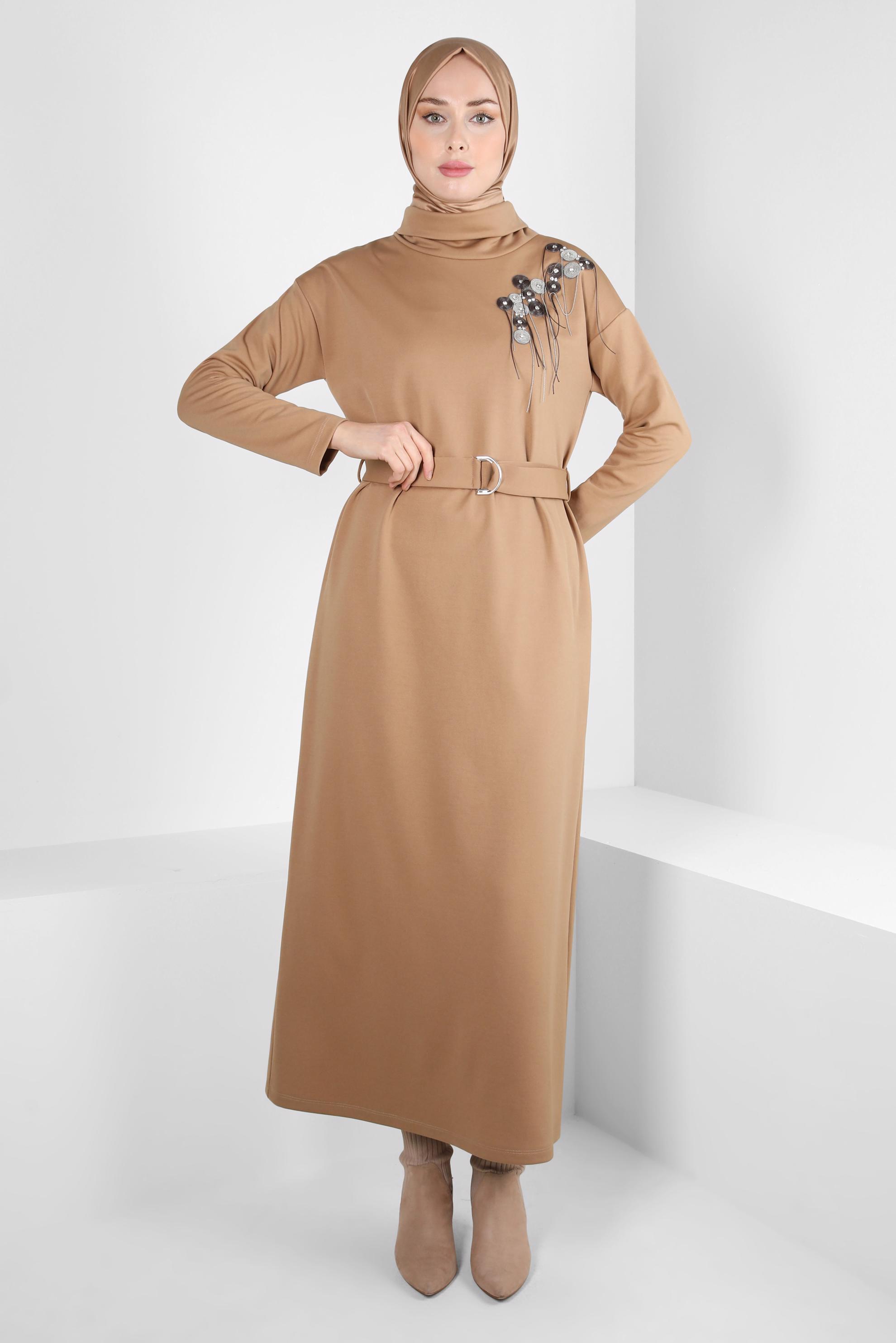 Tesettür giyim KAHVE KEMERLİ ÖRME ELBİSE 44213