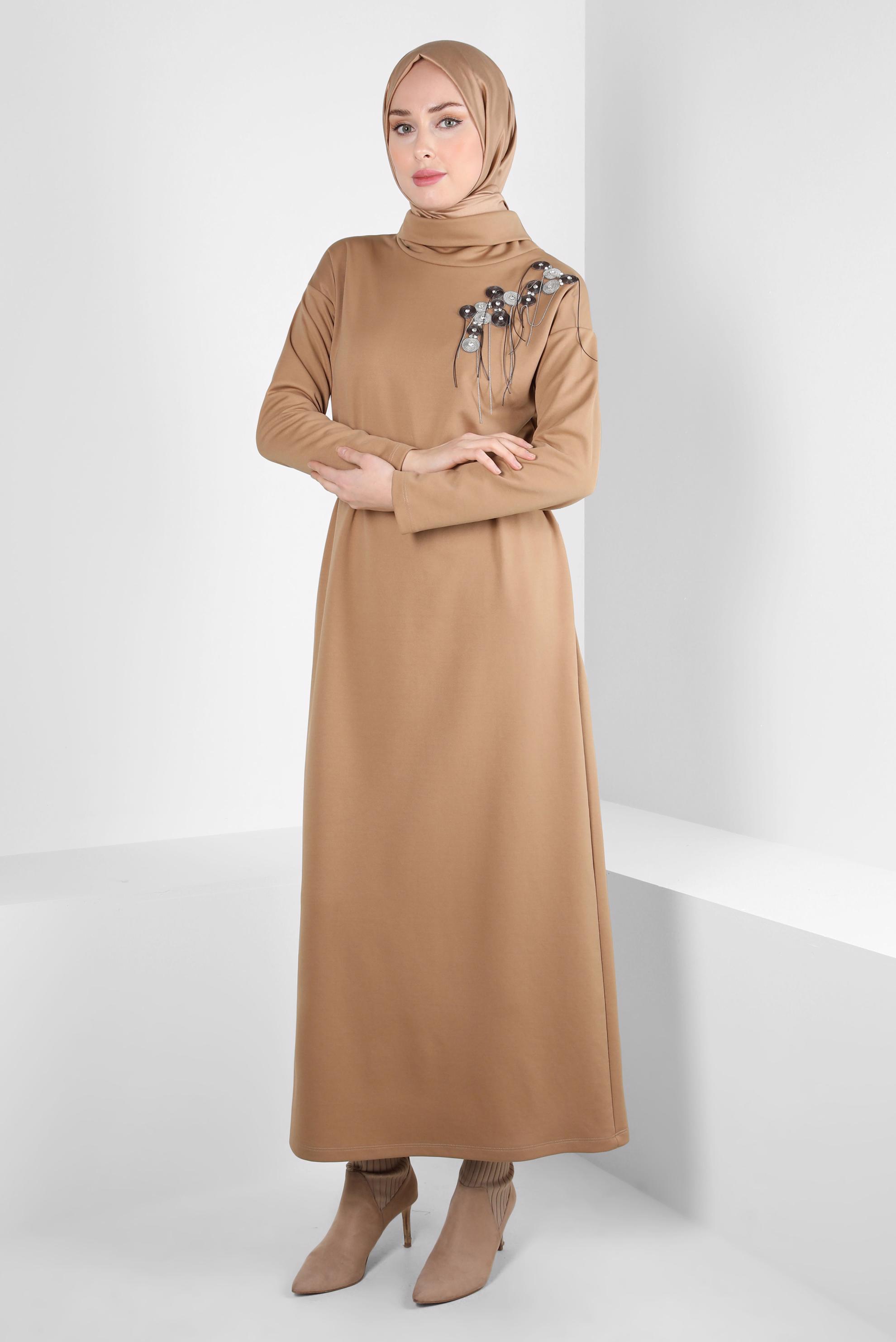 Tesettür giyim KAHVE KEMERLİ ÖRME ELBİSE 44213