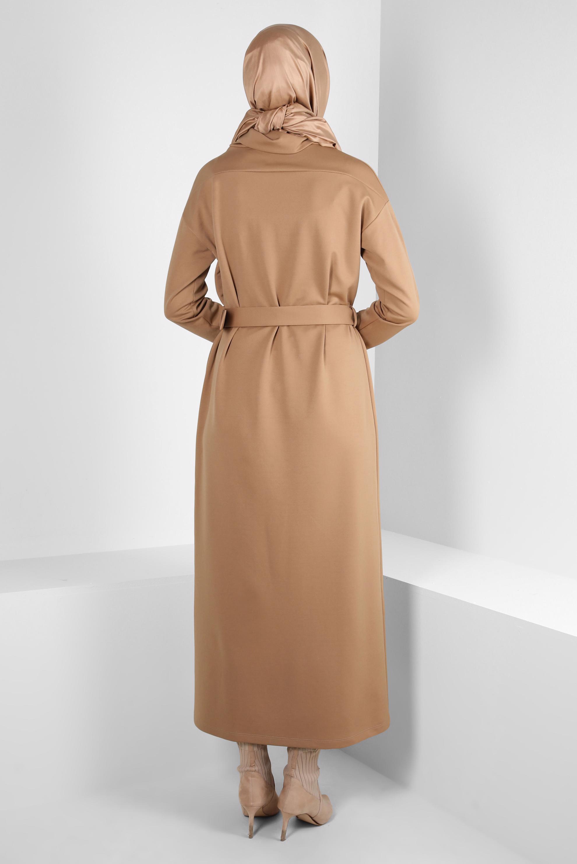 Tesettür giyim KAHVE KEMERLİ ÖRME ELBİSE 44213