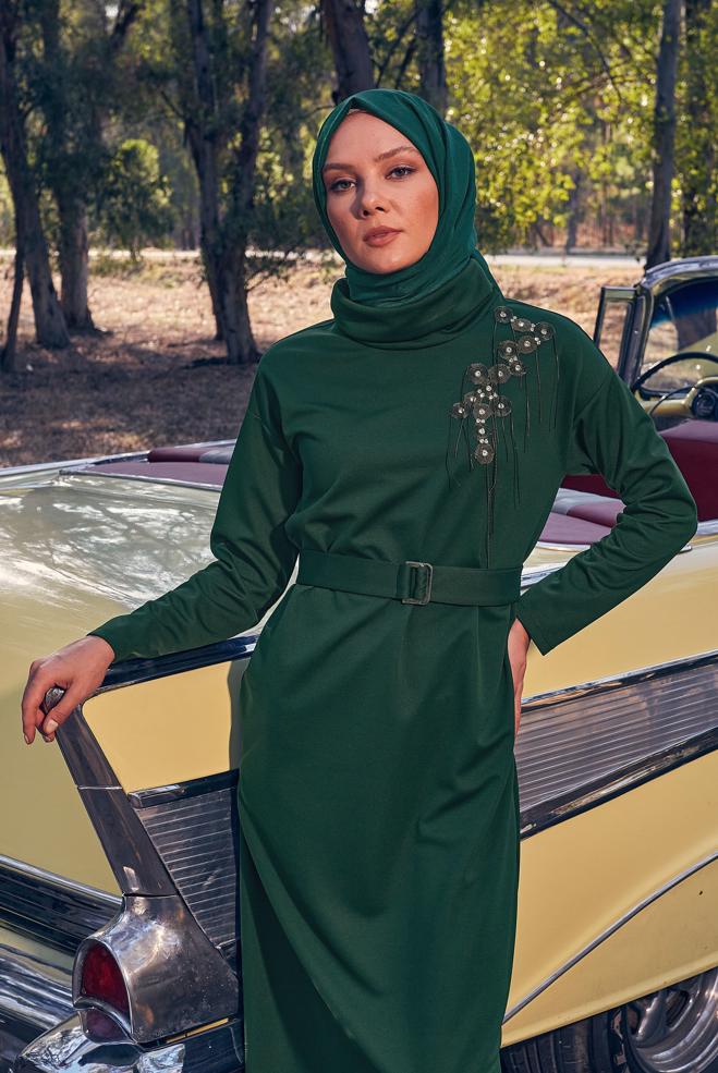 Vêtements hijab VERT ROBE CEINTURE 44213 - ALVİNA