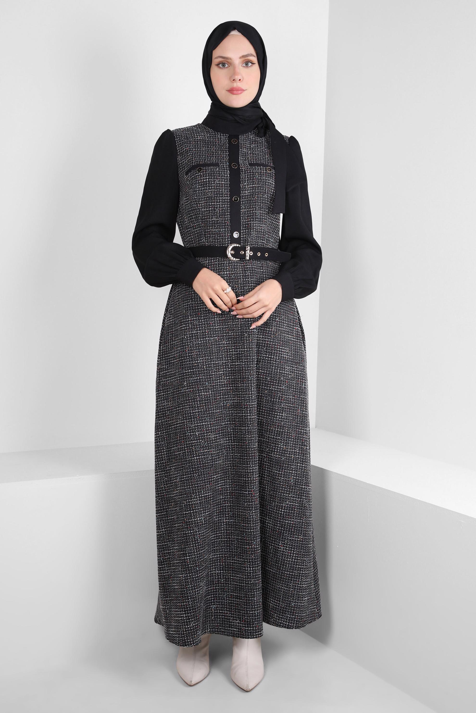 Tesettür giyim SİYAH KEMERLİ ELBİSE 44218