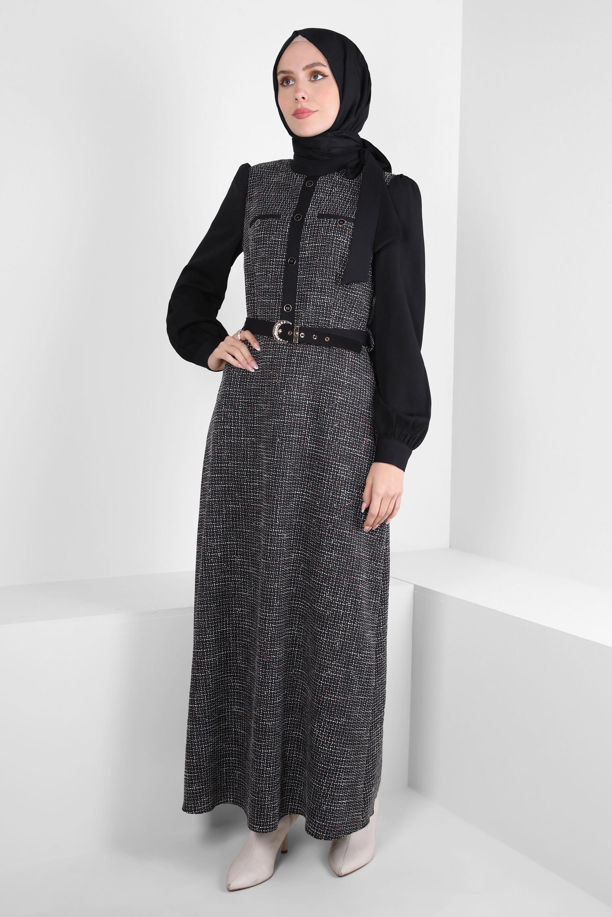 Tesettür giyim SİYAH KEMERLİ ELBİSE 44218