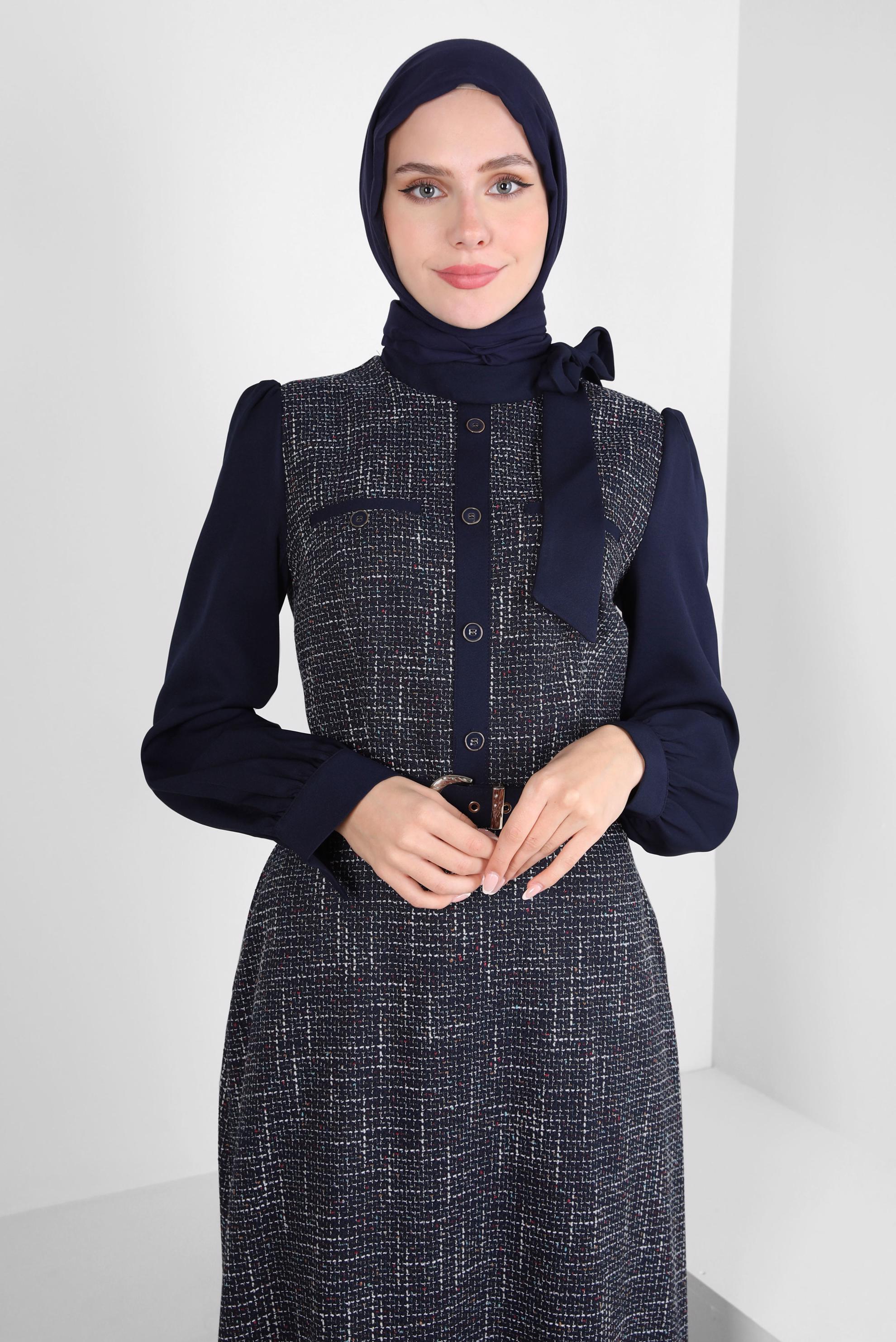 Tesettür giyim LACİVERT KEMERLİ ELBİSE 44218