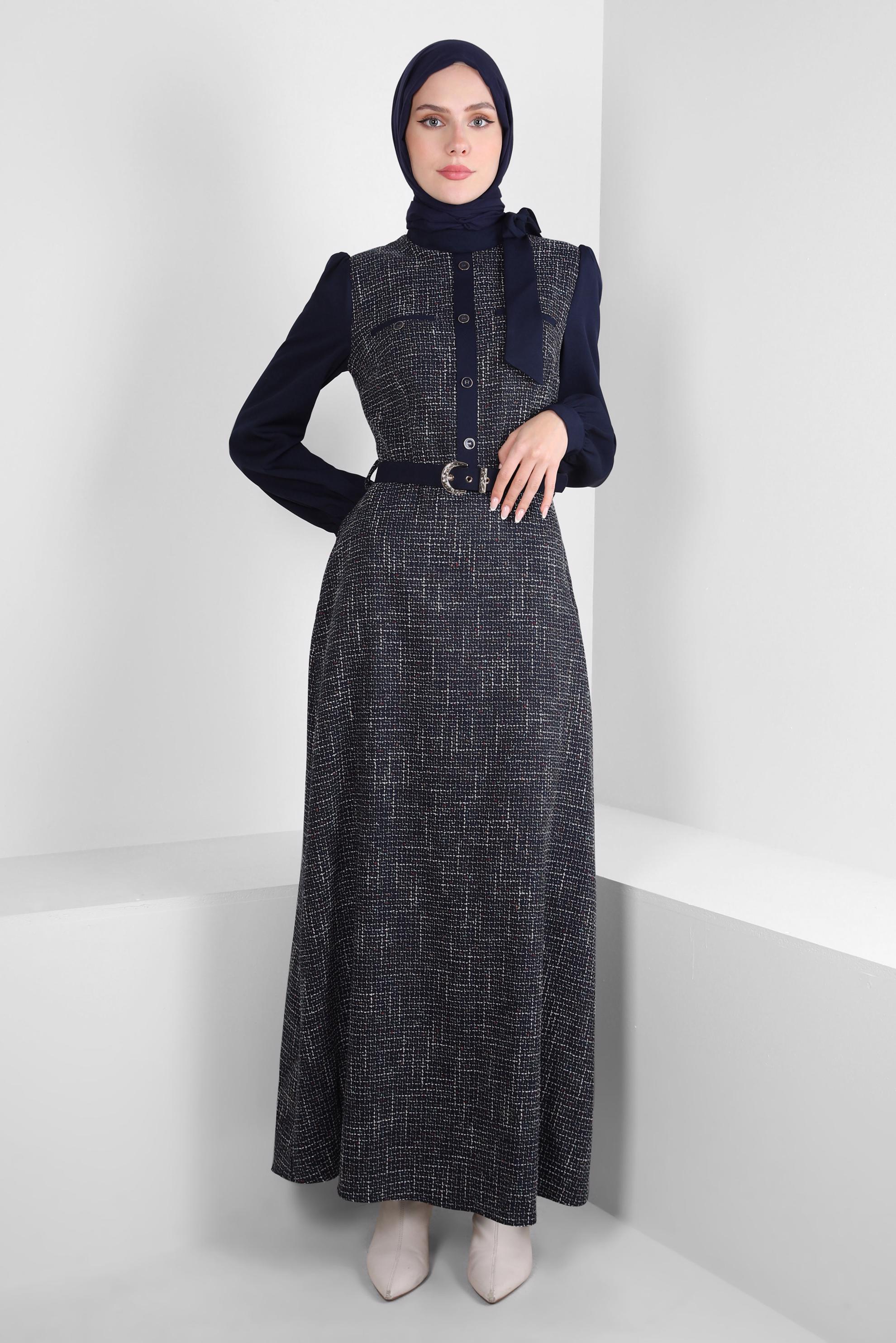 Tesettür giyim LACİVERT KEMERLİ ELBİSE 44218