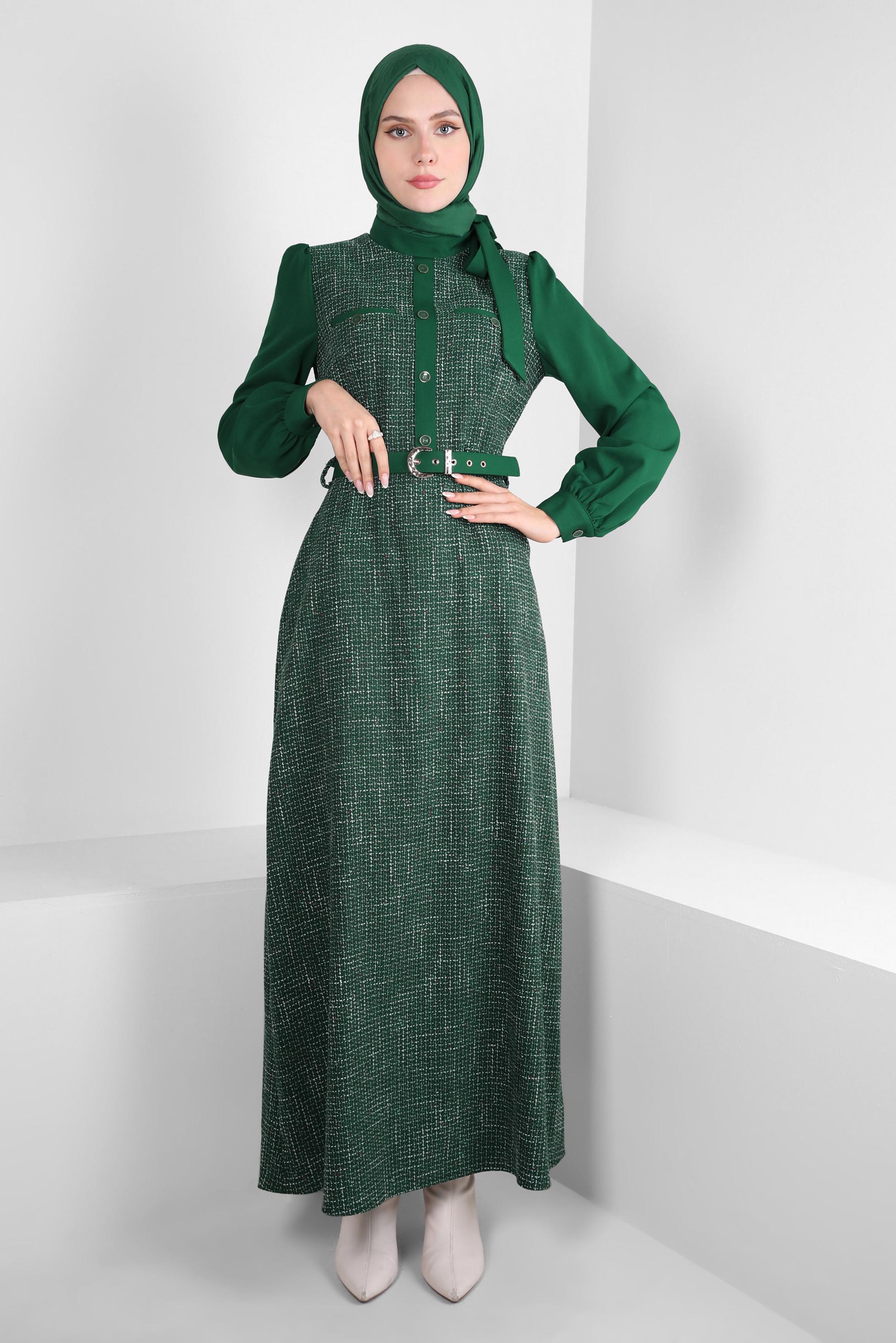 Tesettür giyim YEŞİL KEMERLİ ELBİSE 44218