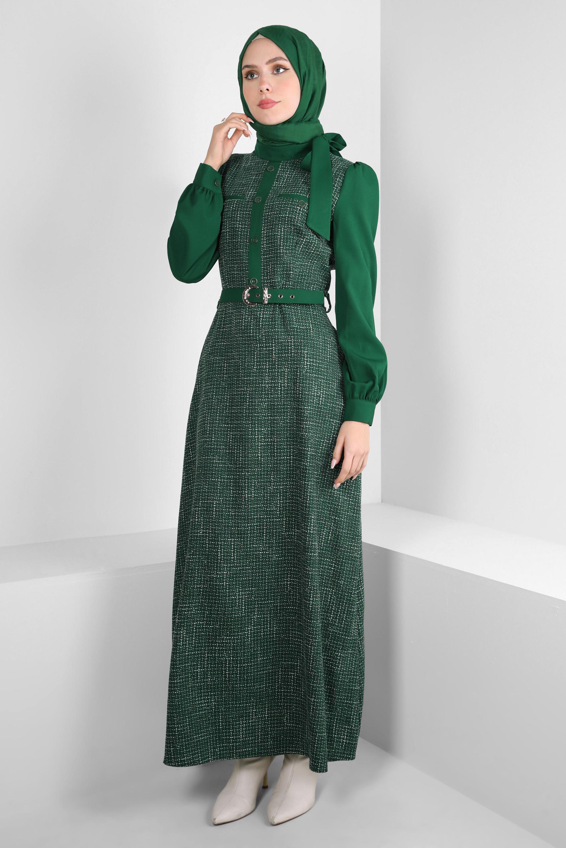 Tesettür giyim YEŞİL KEMERLİ ELBİSE 44218