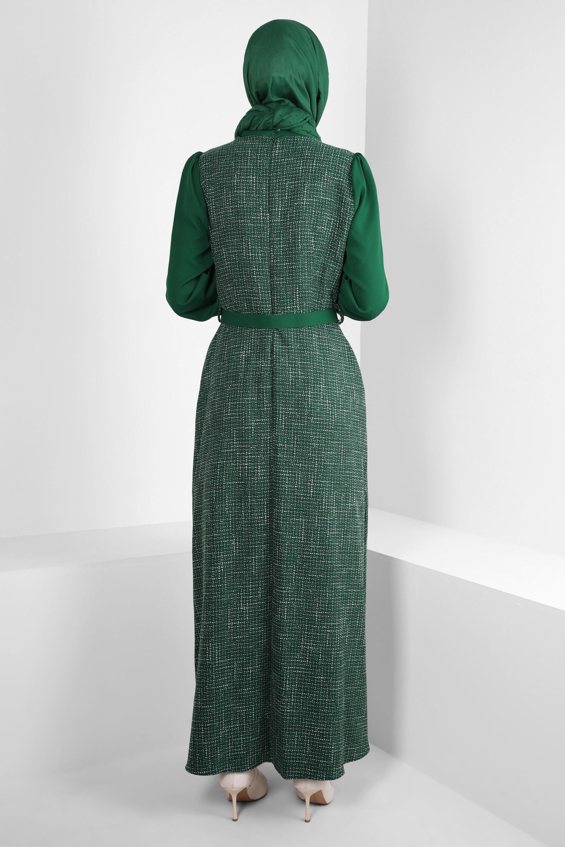 Tesettür giyim YEŞİL KEMERLİ ELBİSE 44218