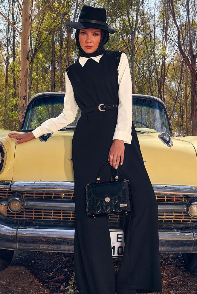 Hijab clothing BLACK BELTED 2-PIECE JUMPSUIT 44231 - ALVİNA