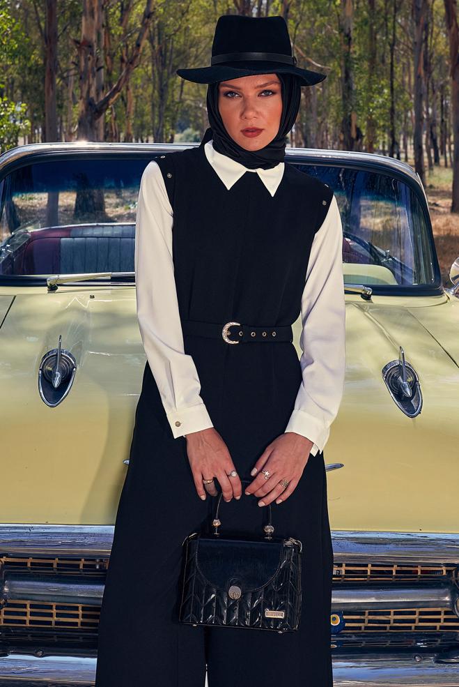 Hijab clothing BLACK BELTED 2-PIECE JUMPSUIT 44231 - ALVİNA