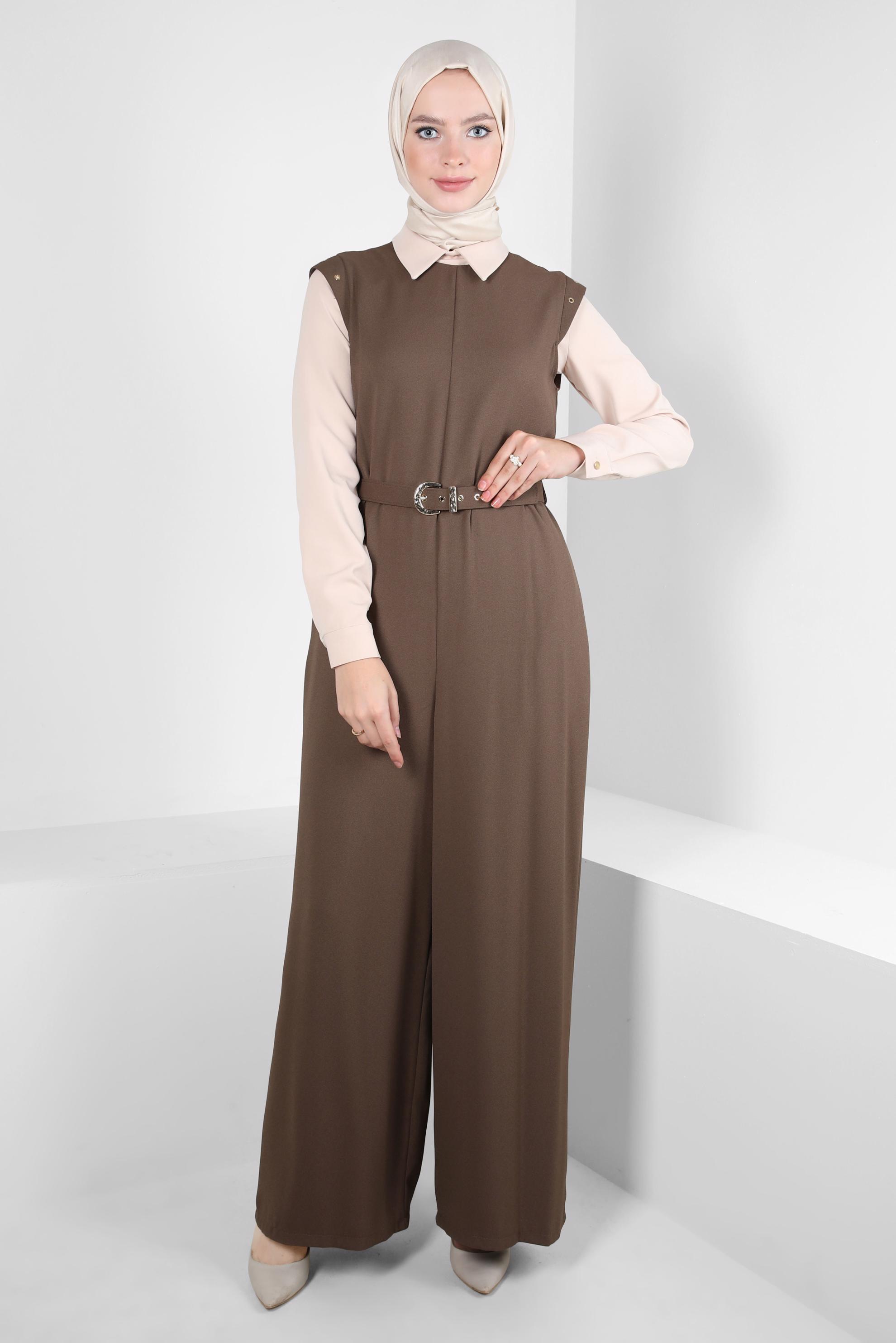 Tesettür giyim KAHVE KEMERLİ İKİLİ KREP TULUM 44231