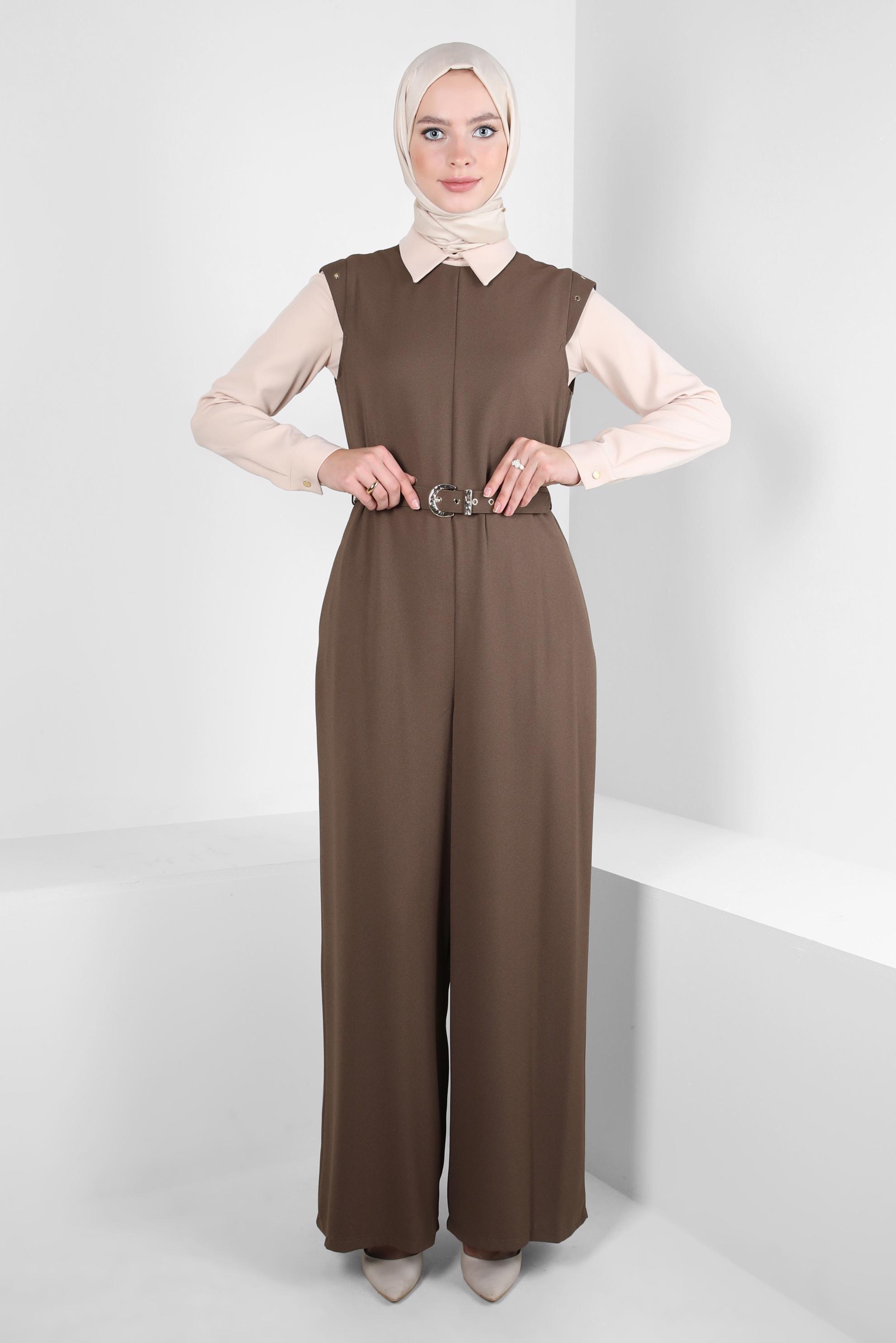 Tesettür giyim KAHVE KEMERLİ İKİLİ KREP TULUM 44231
