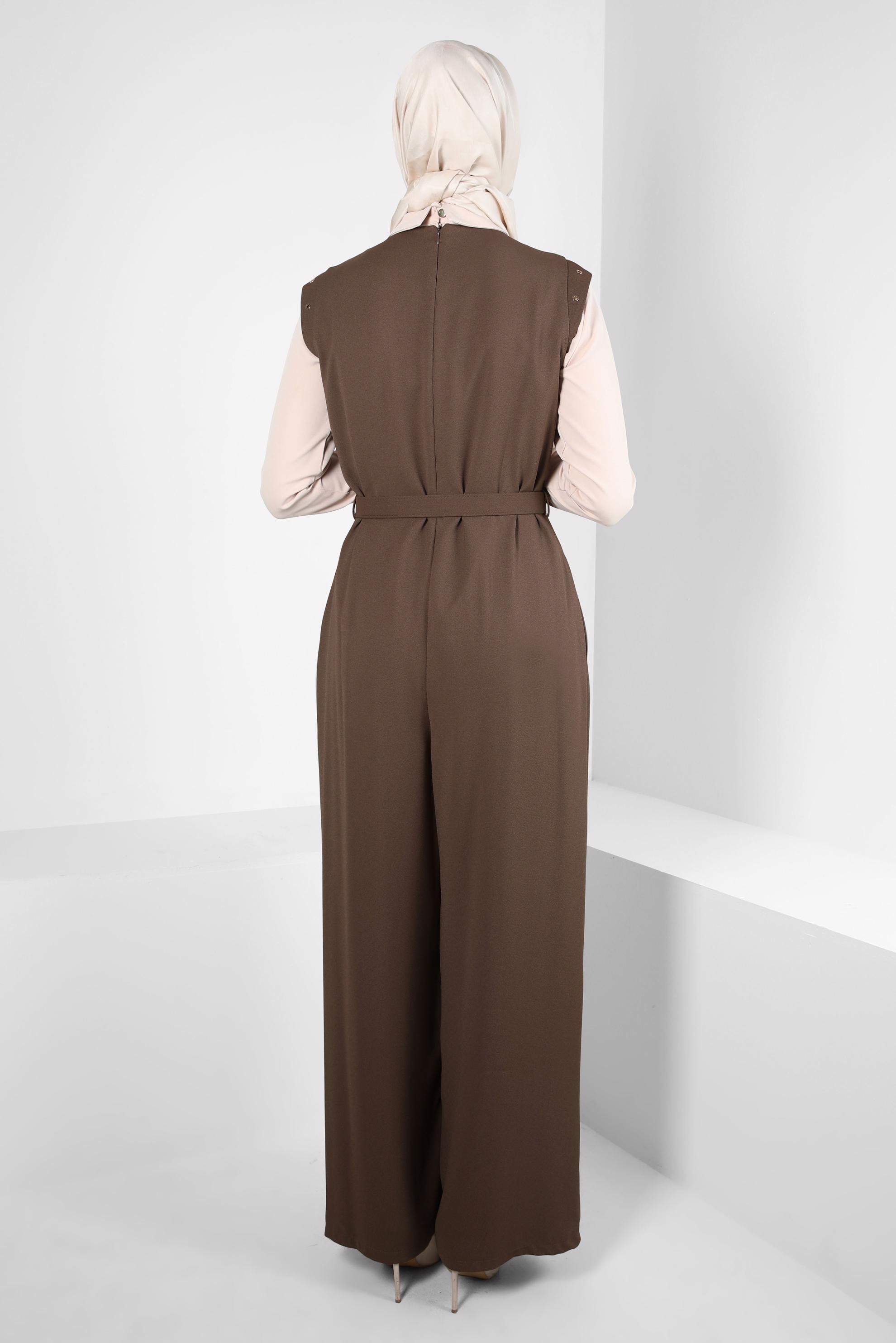 Tesettür giyim KAHVE KEMERLİ İKİLİ KREP TULUM 44231