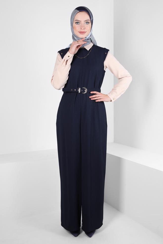Hijab clothing NAVY BLUE BELTED 2-PIECE JUMPSUIT 44231 - ALVİNA