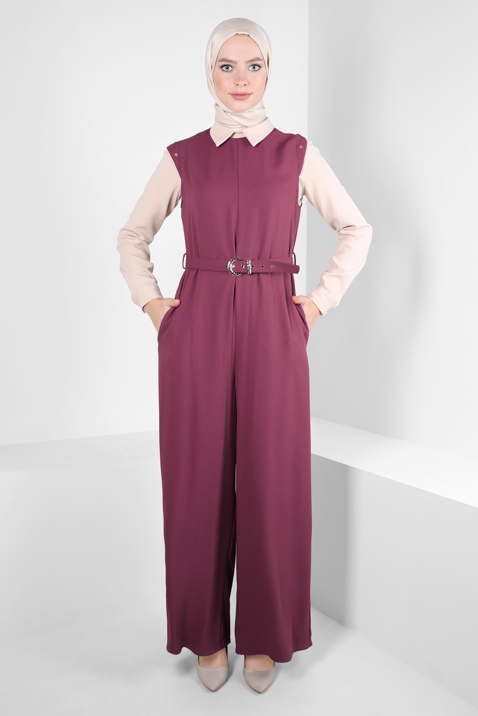 Tesettür giyim PEMBE KEMERLİ İKİLİ KREP TULUM 44231