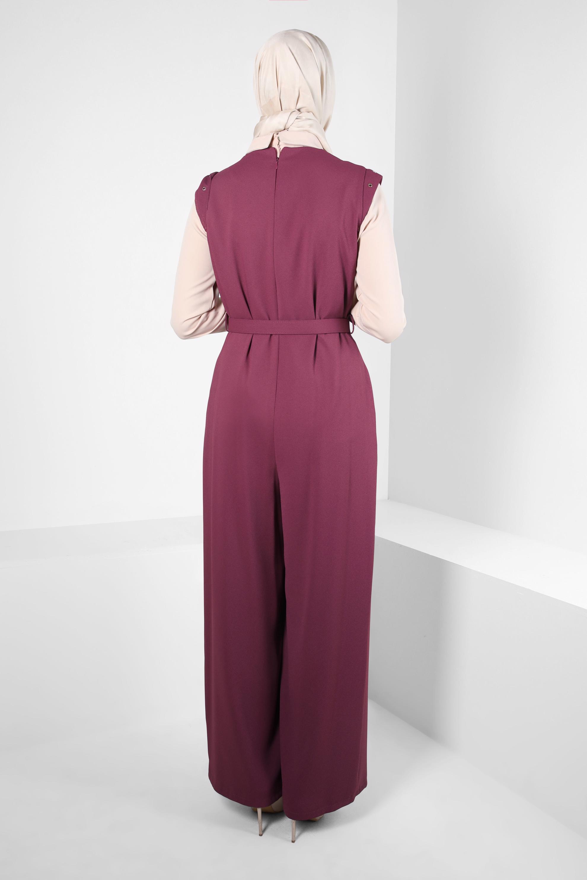 Tesettür giyim PEMBE KEMERLİ İKİLİ KREP TULUM 44231