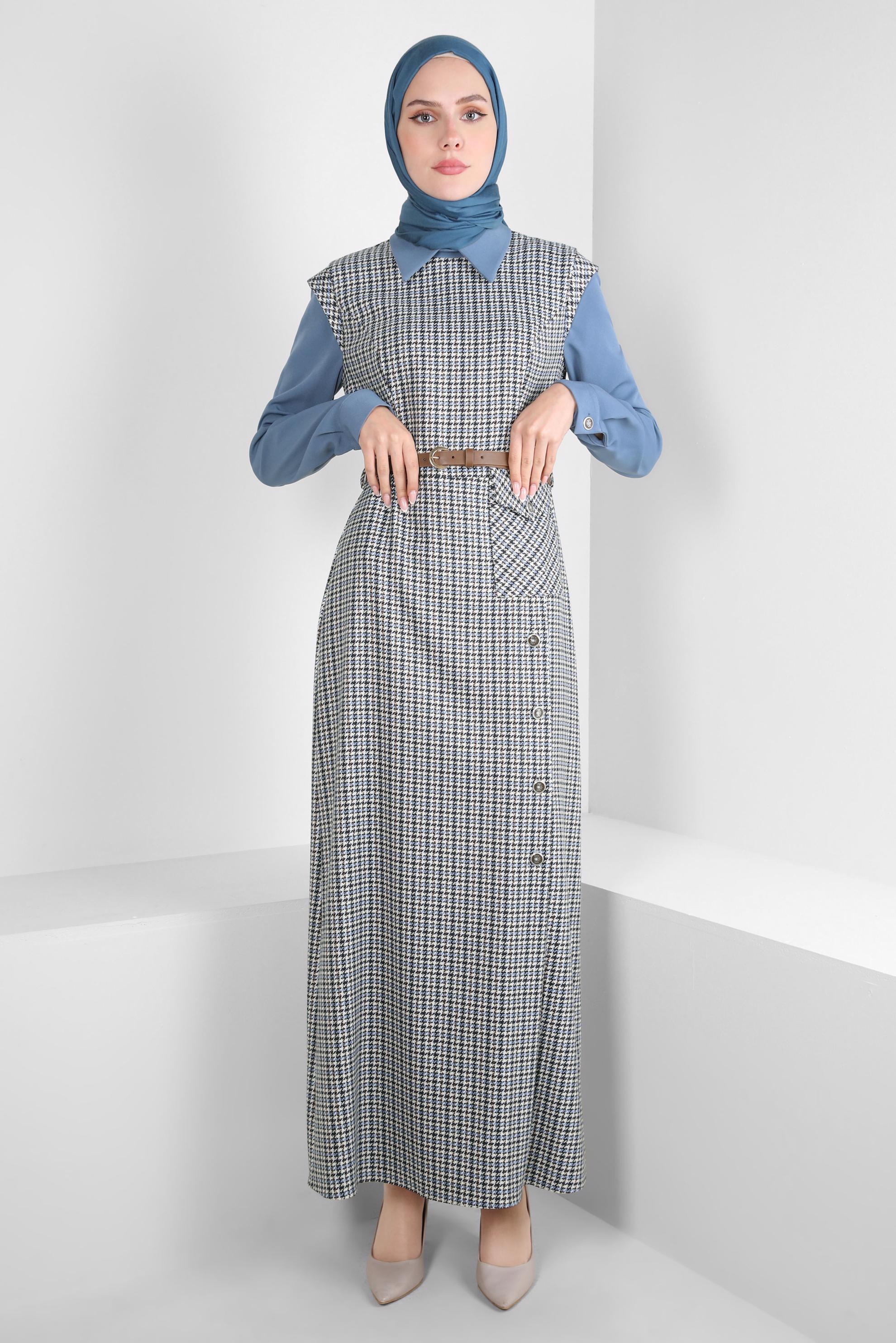 Tesettür giyim MAVİ DESENLİ KEMERLİ ELBİSE 44232