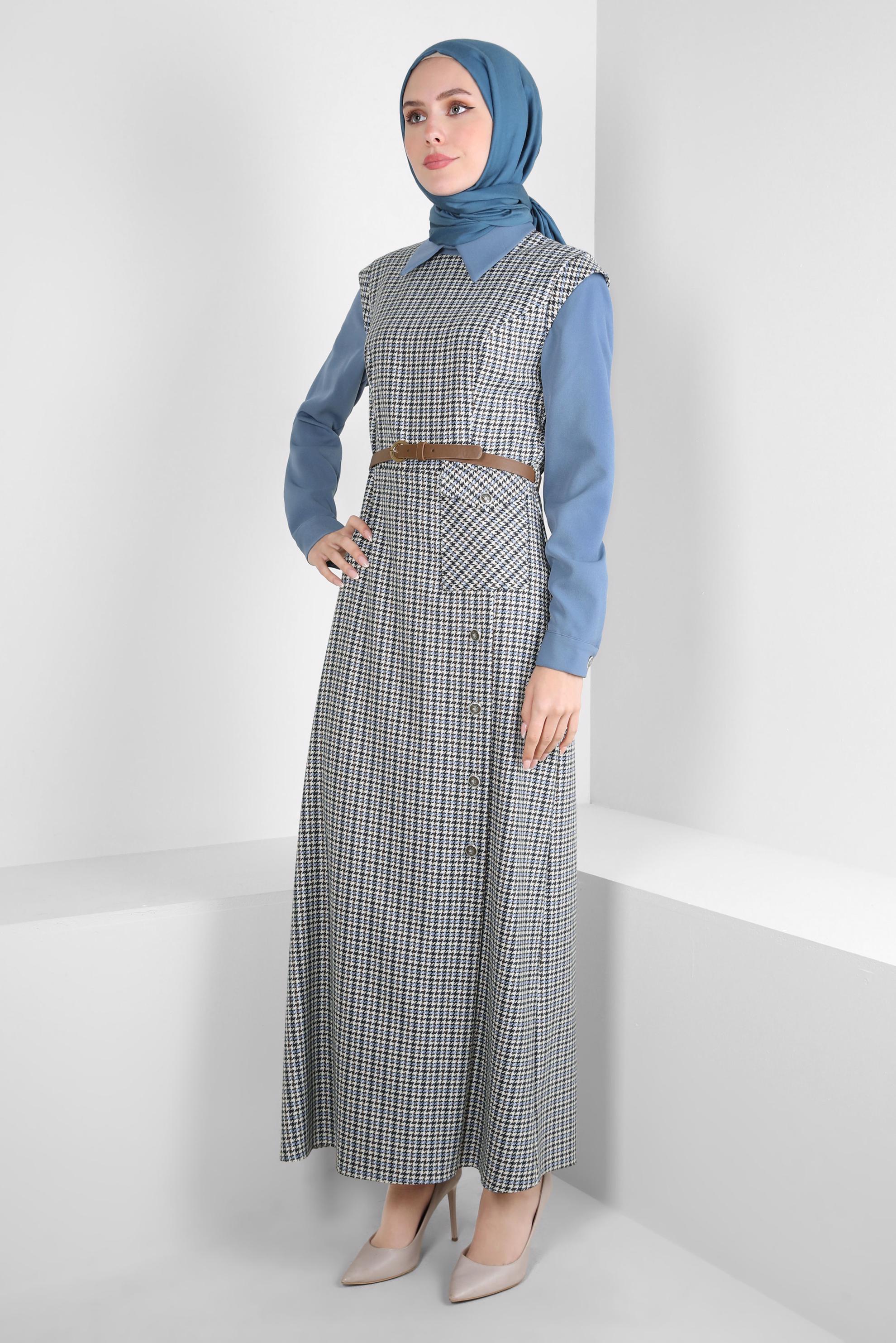 Tesettür giyim MAVİ DESENLİ KEMERLİ ELBİSE 44232