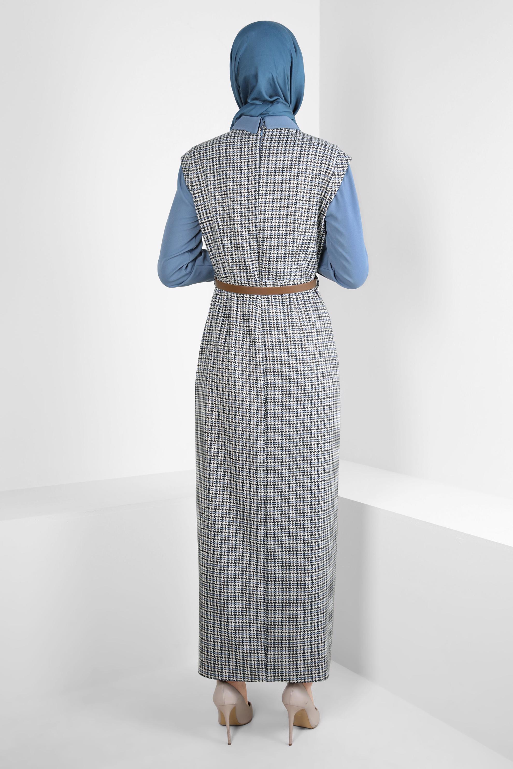 Tesettür giyim MAVİ DESENLİ KEMERLİ ELBİSE 44232