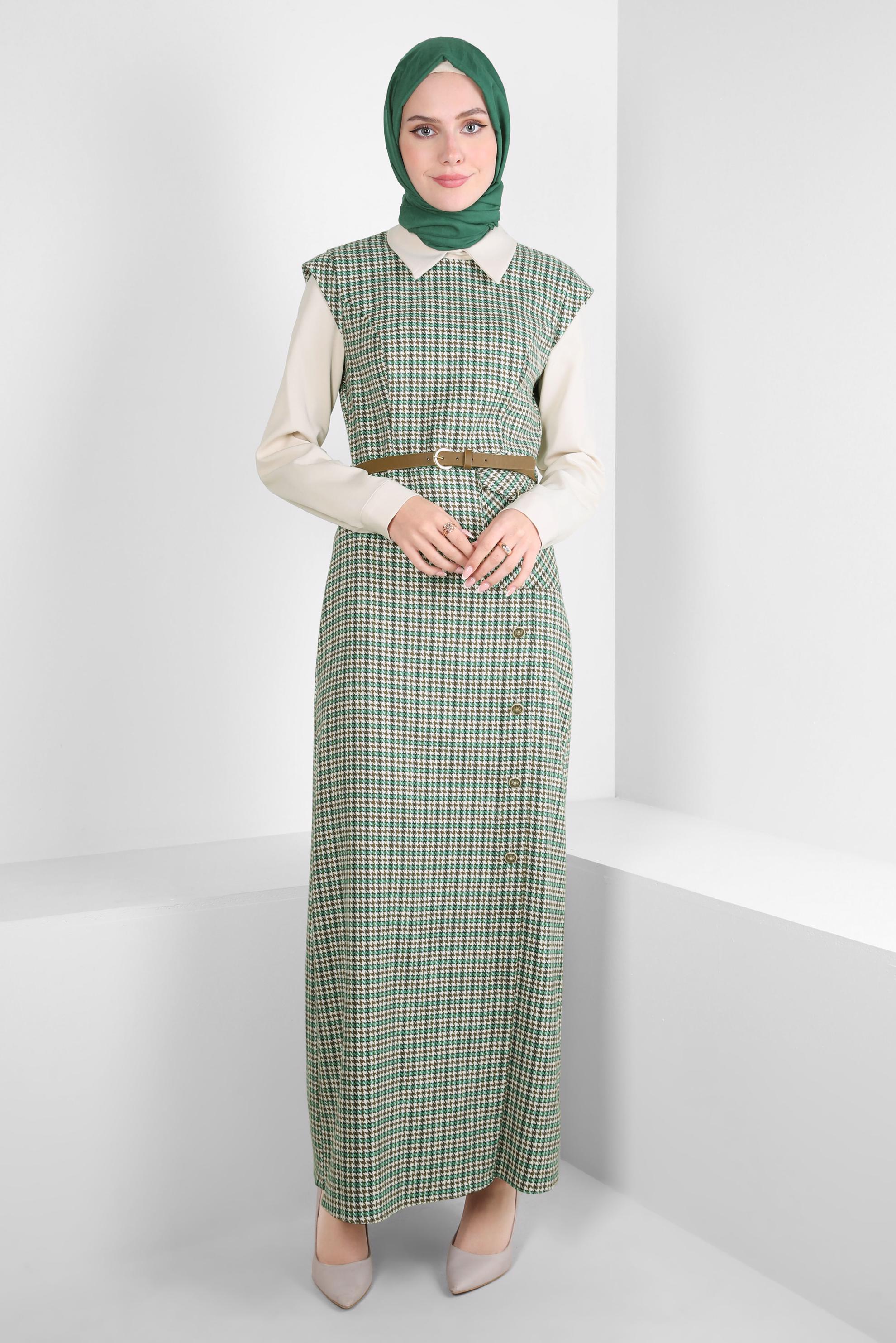 Tesettür giyim YEŞİL DESENLİ KEMERLİ ELBİSE 44232