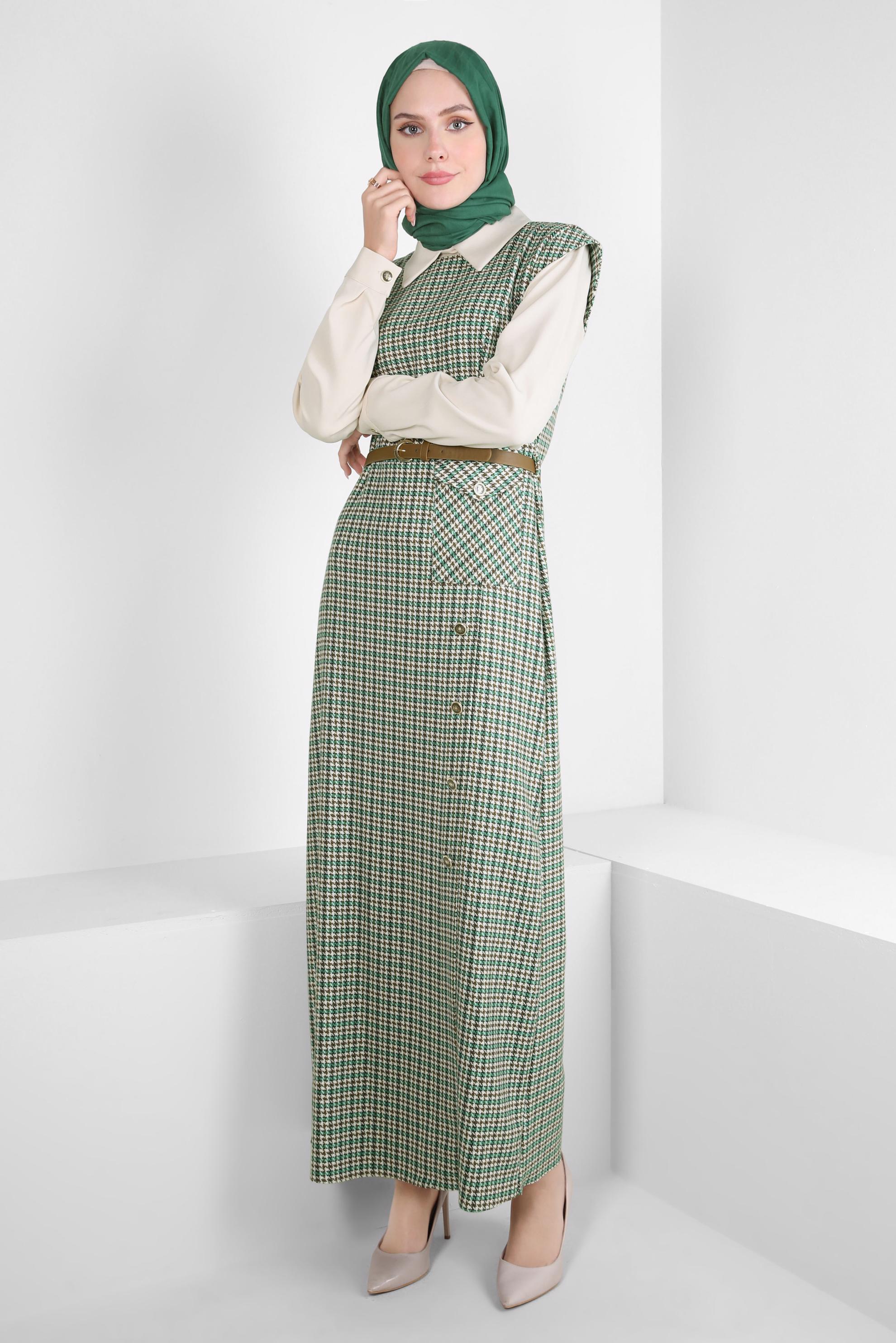Tesettür giyim YEŞİL DESENLİ KEMERLİ ELBİSE 44232