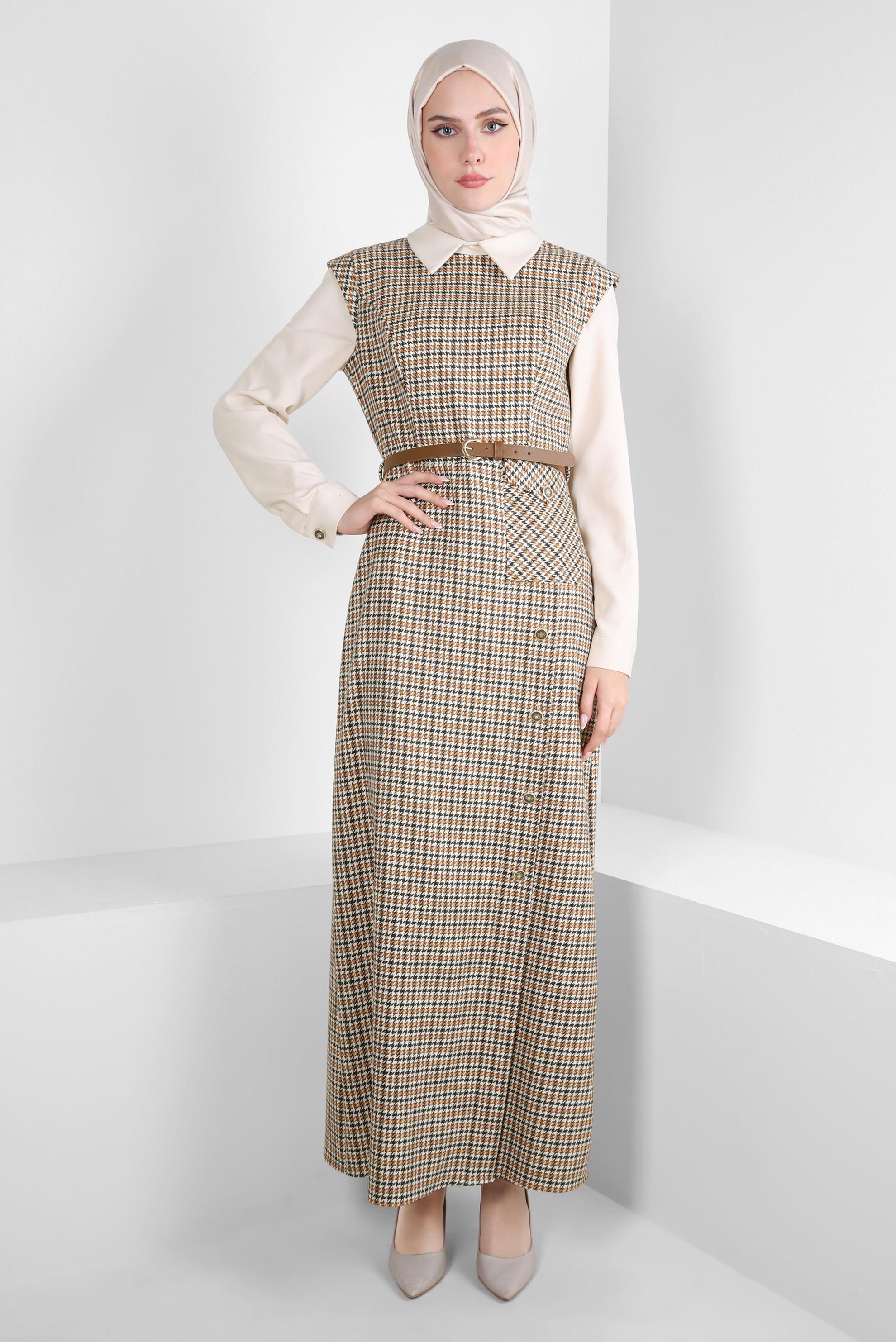 Tesettür giyim TURUNCU DESENLİ KEMERLİ ELBİSE 44232