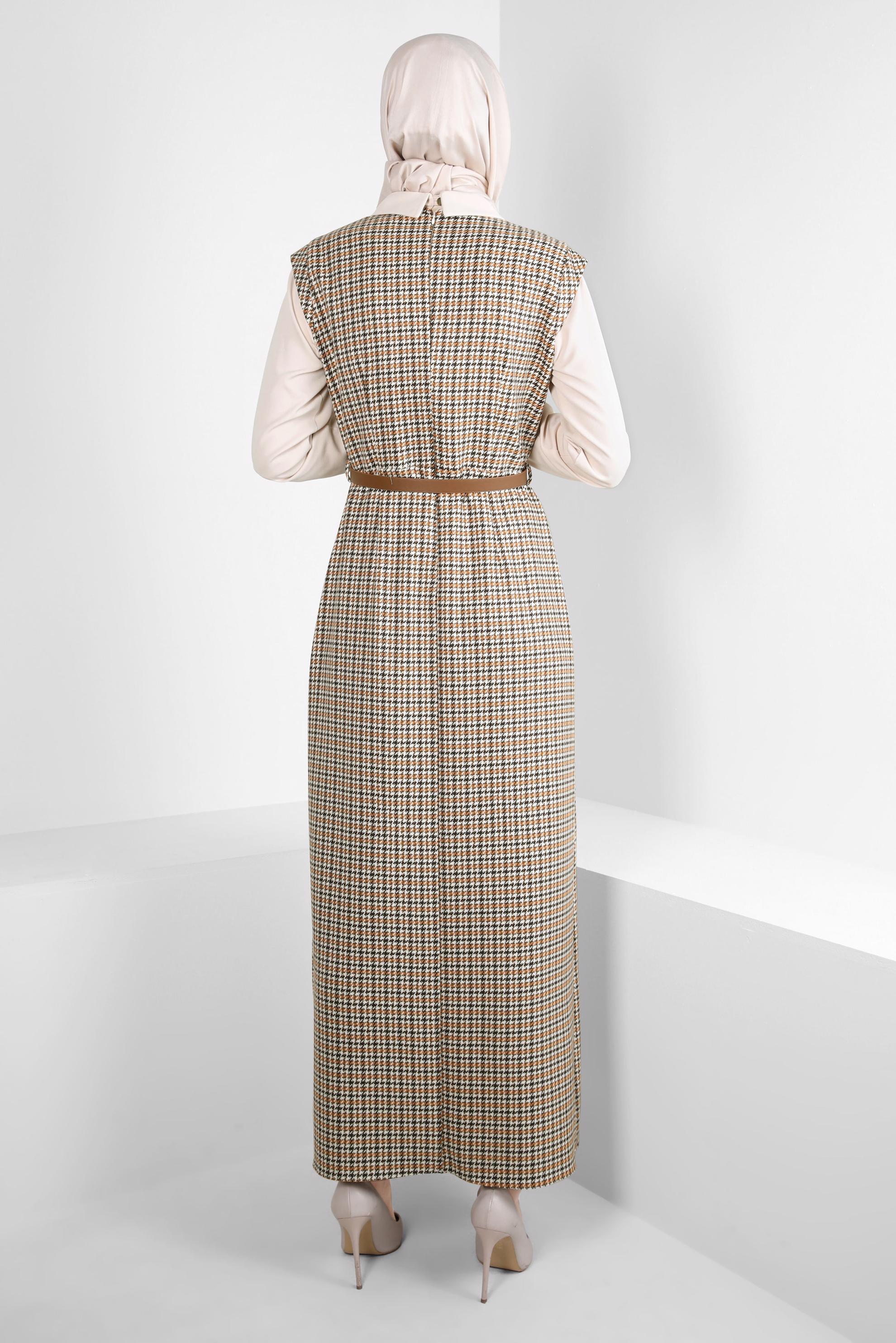 Tesettür giyim TURUNCU DESENLİ KEMERLİ ELBİSE 44232