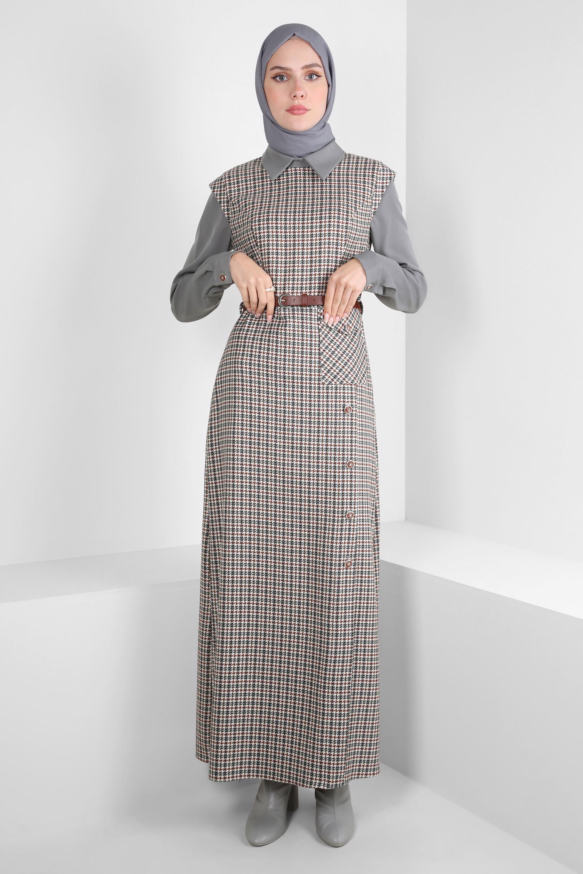 Tesettür giyim TURUNCU DESENLİ KEMERLİ ELBİSE 44232