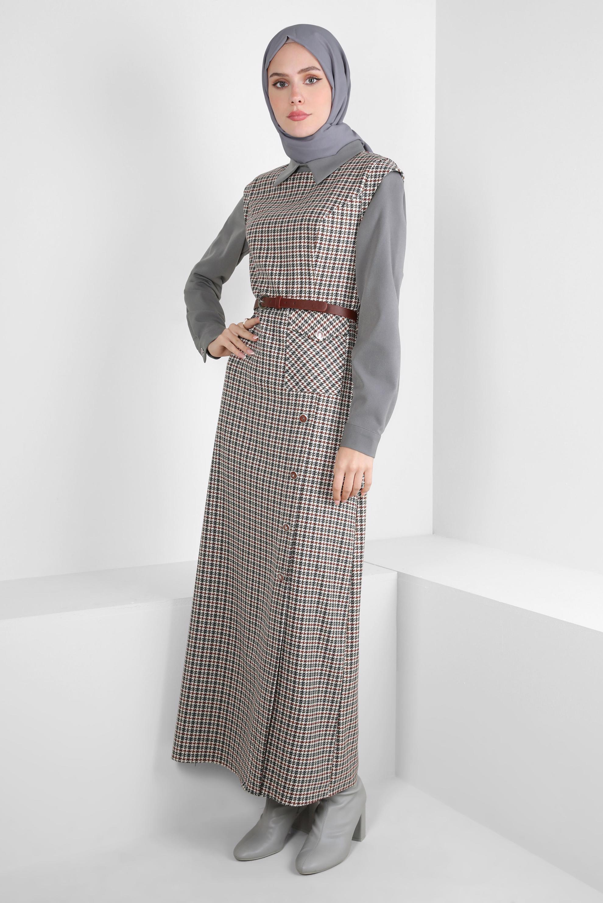 Tesettür giyim TURUNCU DESENLİ KEMERLİ ELBİSE 44232