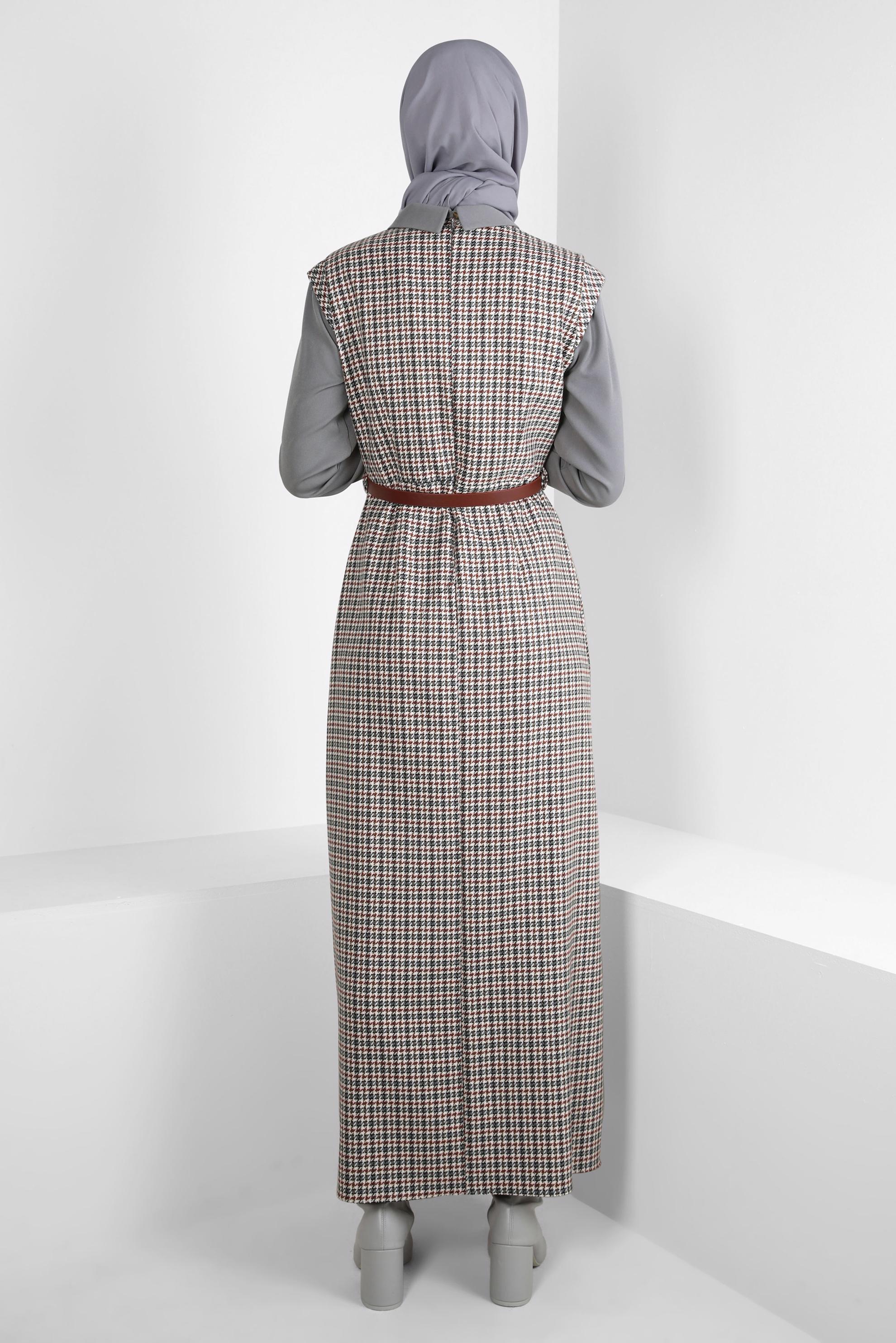 Tesettür giyim TURUNCU DESENLİ KEMERLİ ELBİSE 44232