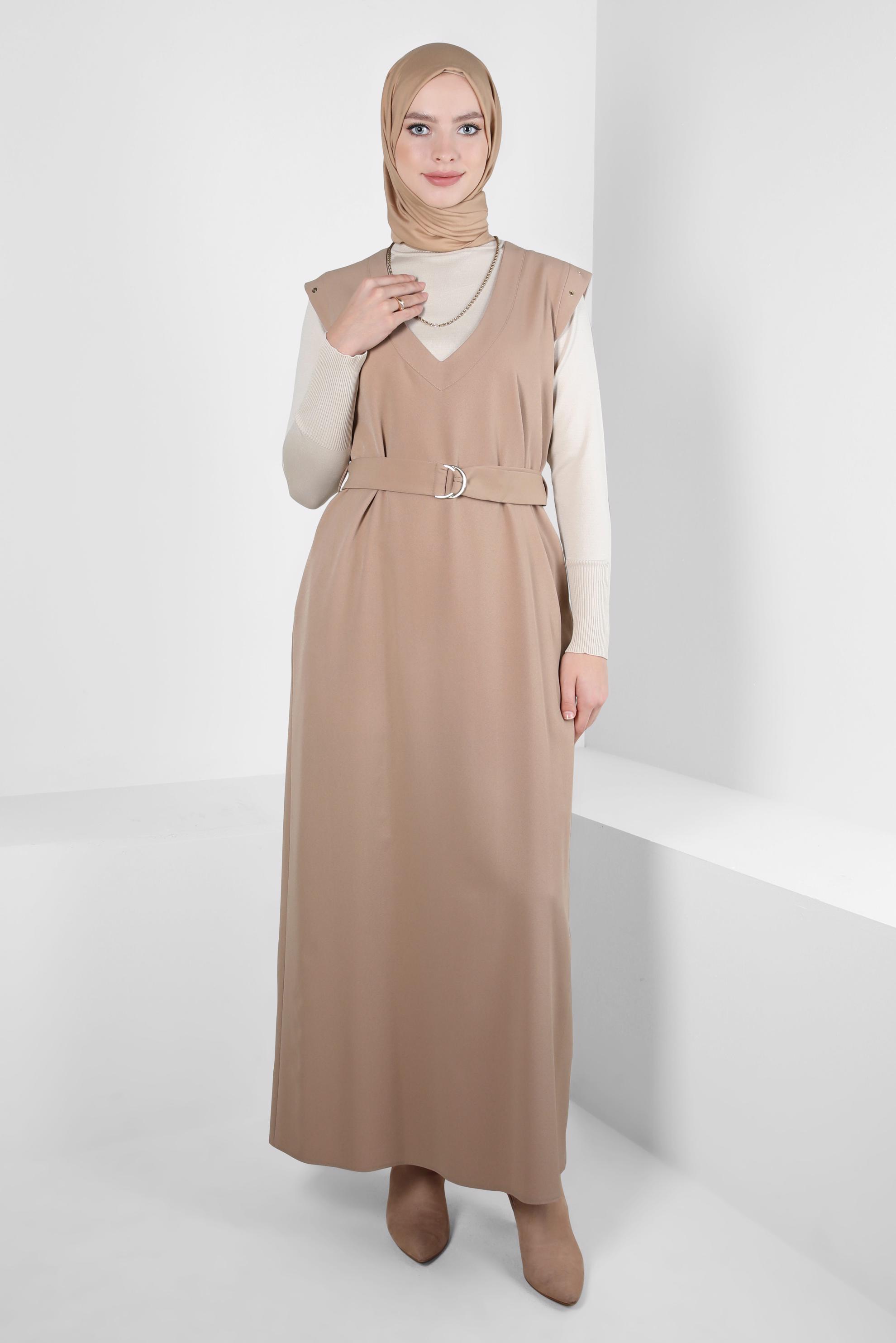 Hijab clothing BEIGE BELTED PINAFORE DRESS 44252