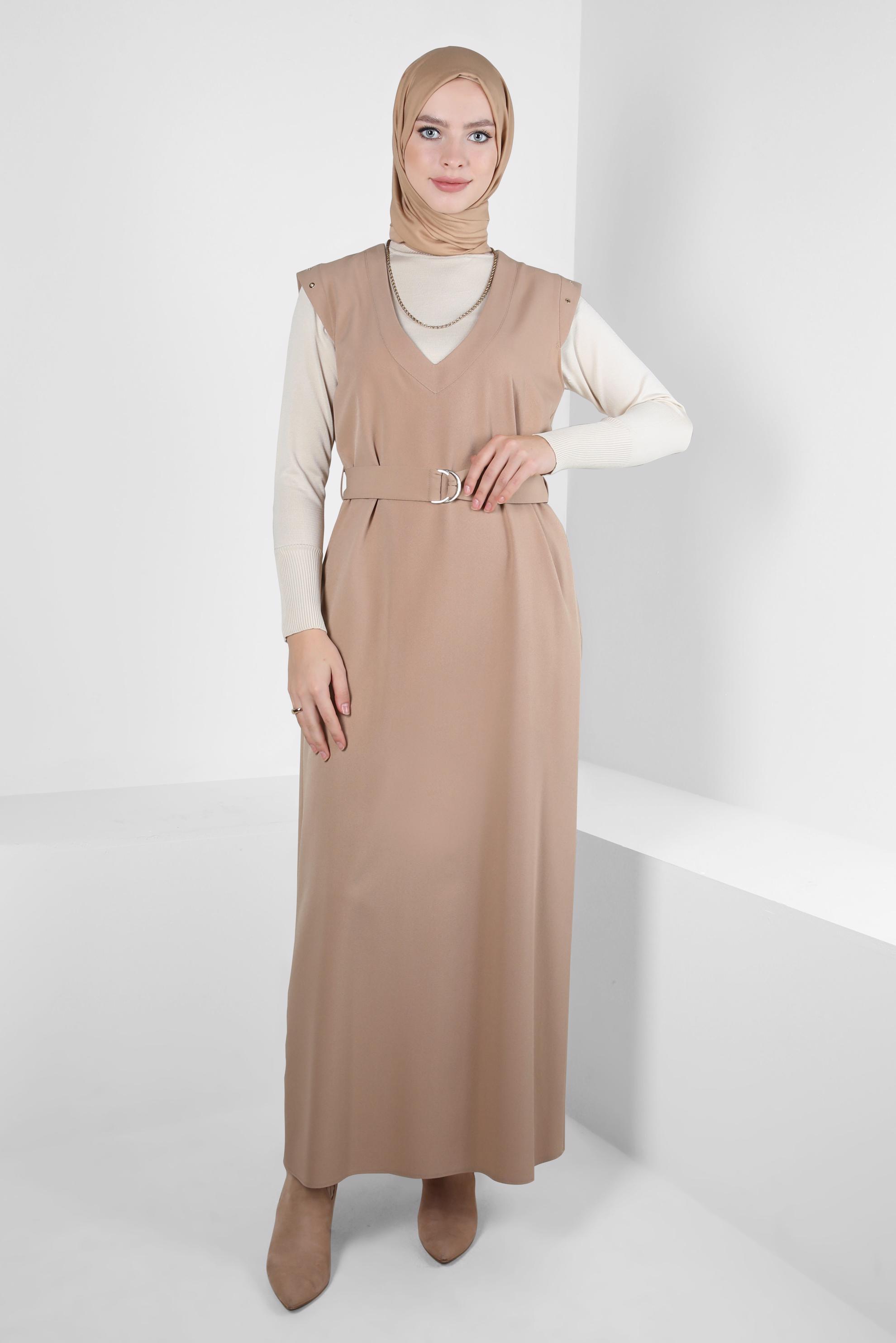 Hijab clothing BEIGE BELTED PINAFORE DRESS 44252