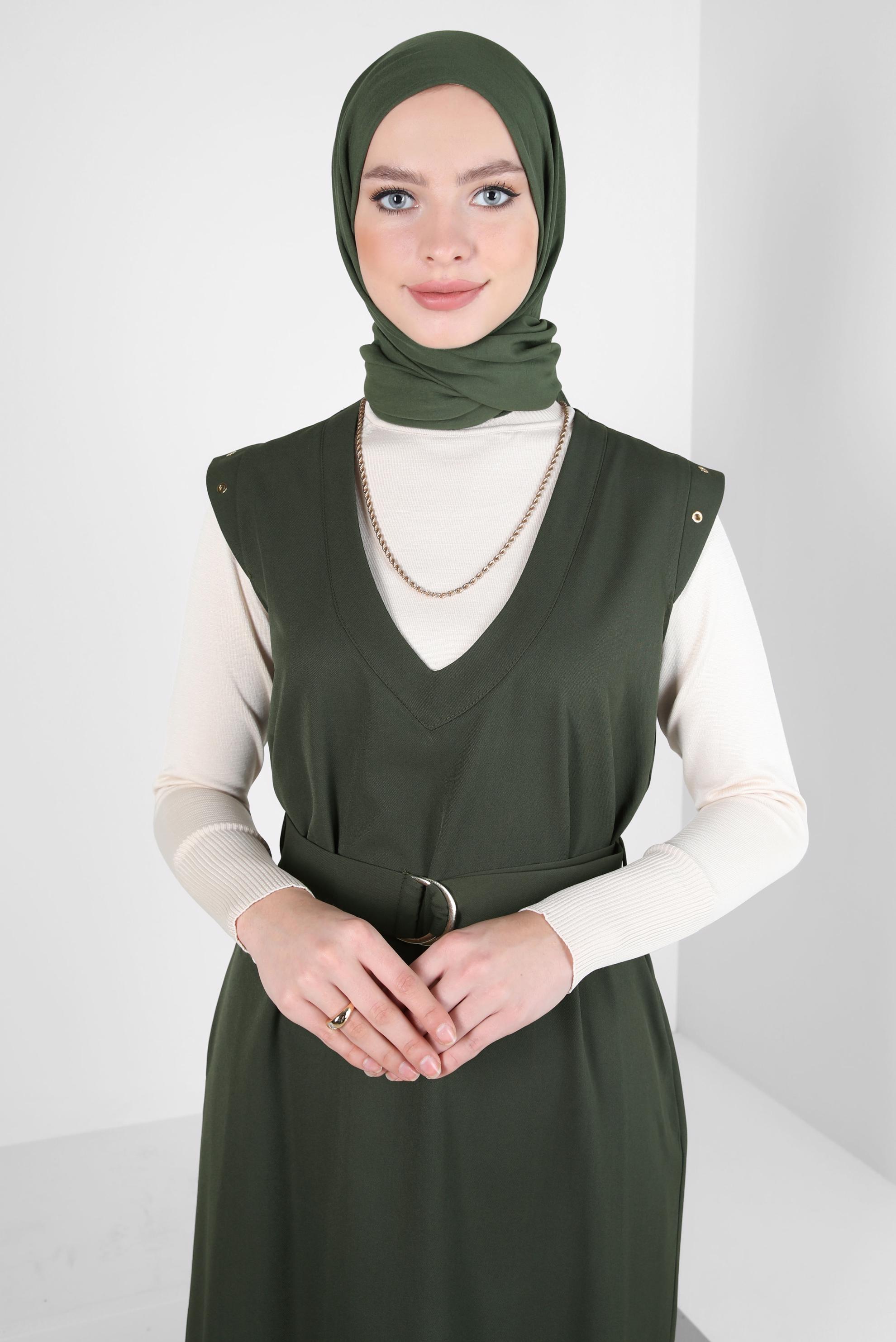 Tesettür giyim HAKİ KEMERLİ JİLE ELBİSE 44252