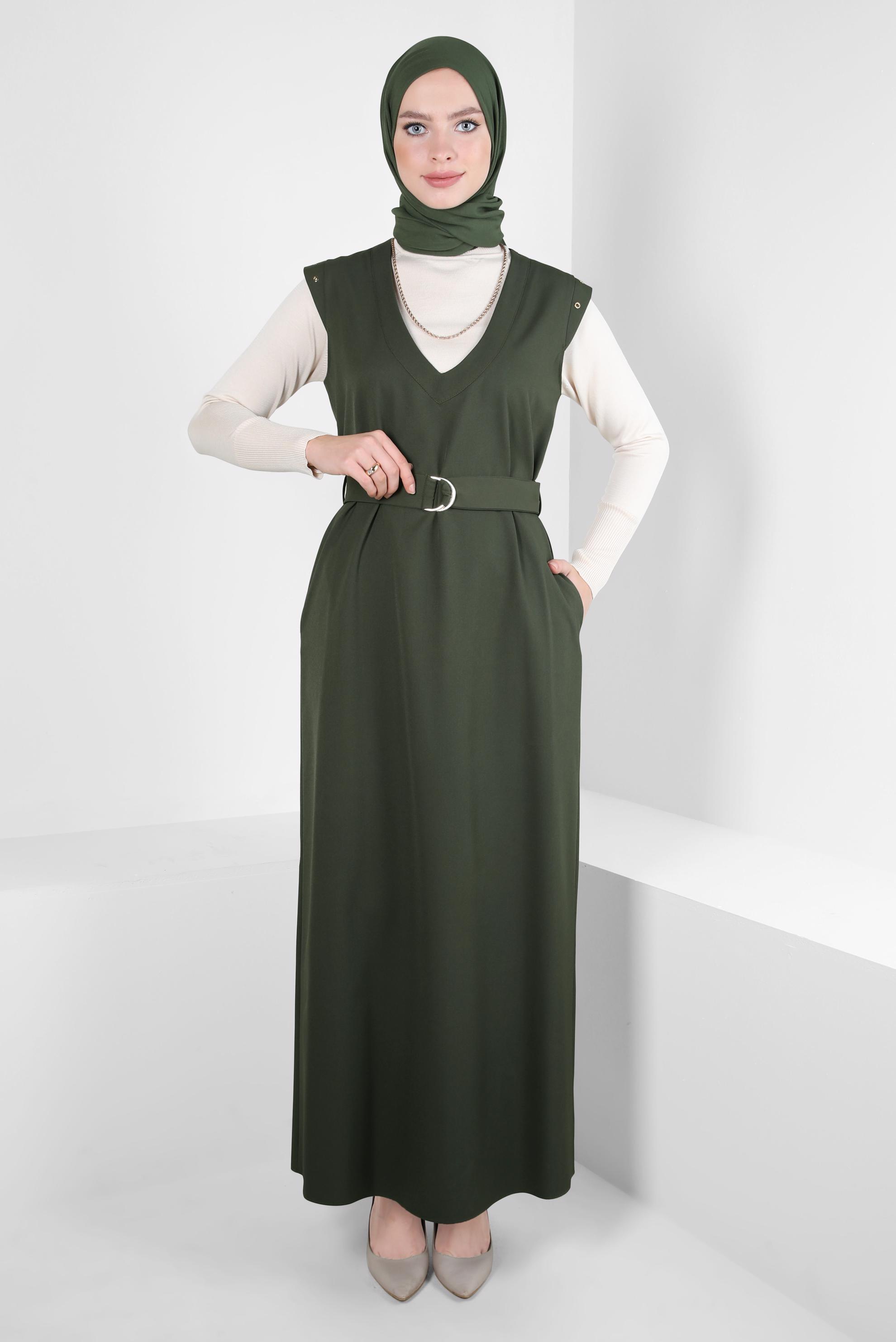 Tesettür giyim HAKİ KEMERLİ JİLE ELBİSE 44252